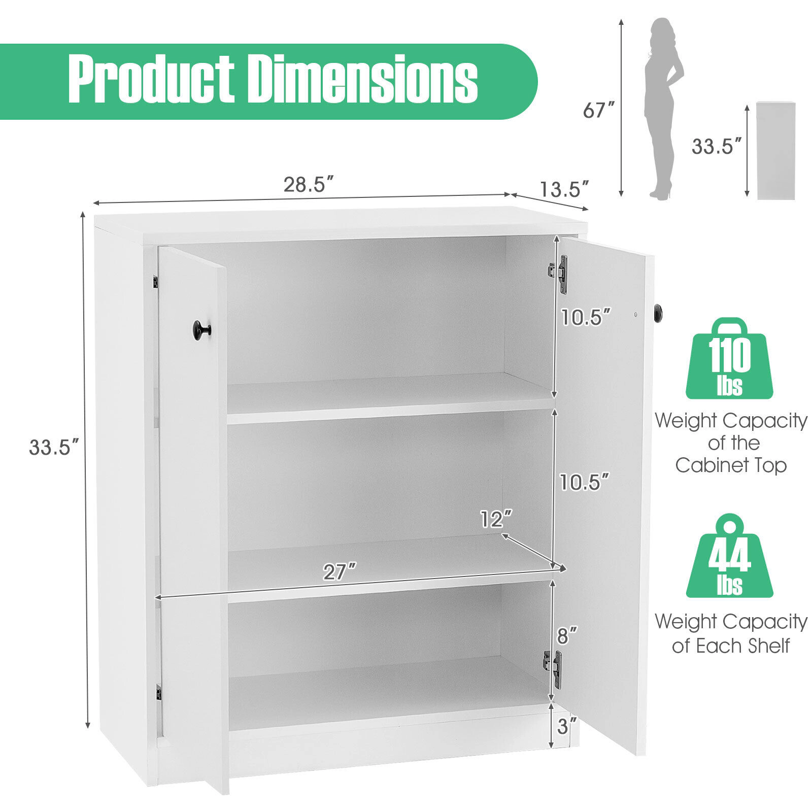 SUGIFT 28-in White Storage Base Cabinet with 2 Doors 3-Tier Shelves and Microwave Stand for Kitchen