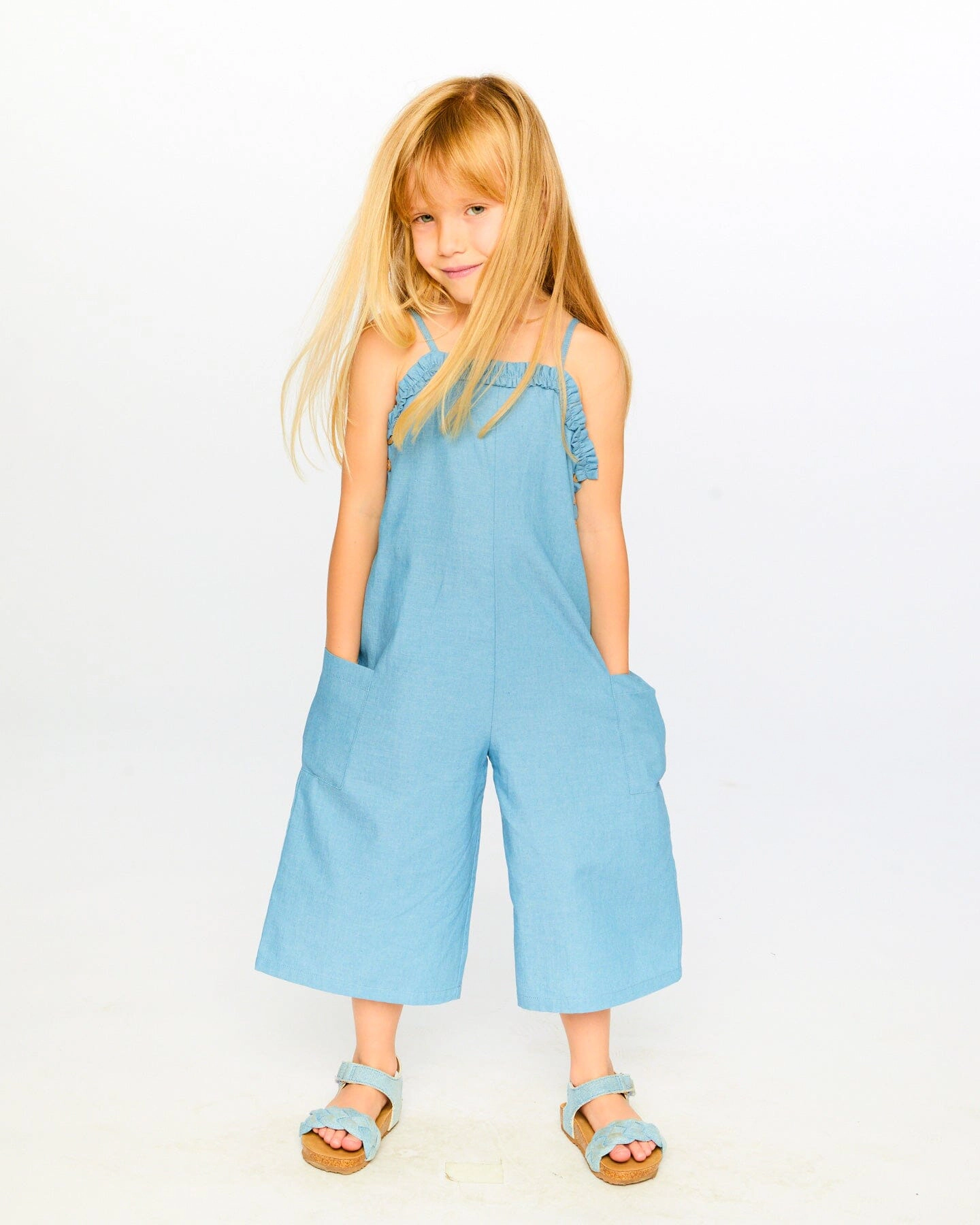 Deux par Deux Girls Chambray Frilled Jumpsuit