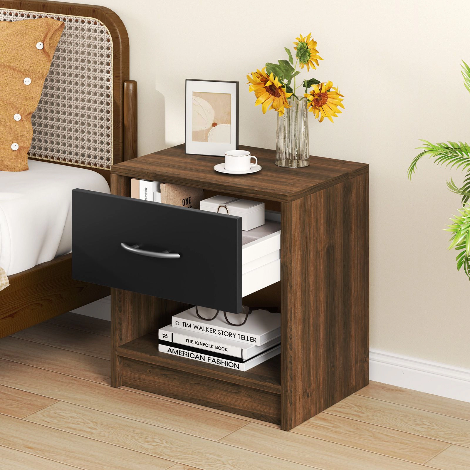 SlickBlue Modern Nightstand with Drawer and Open Storage Shelf