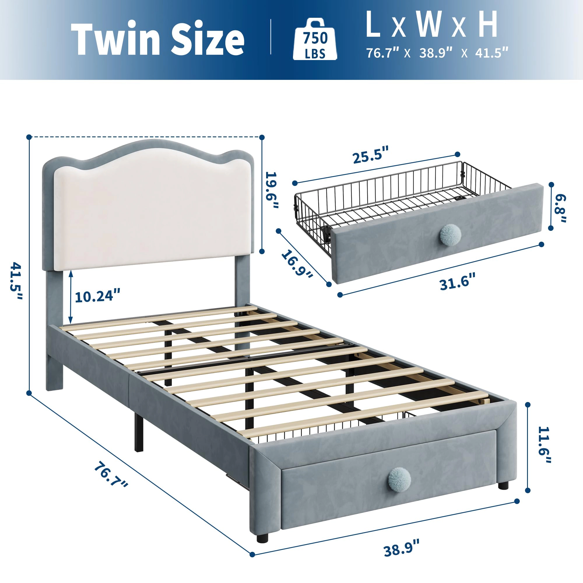 BebreezChic Upholstered Twin Bed Frame with Storage Drawer and Scallop Headboard, Princess Platform Frames