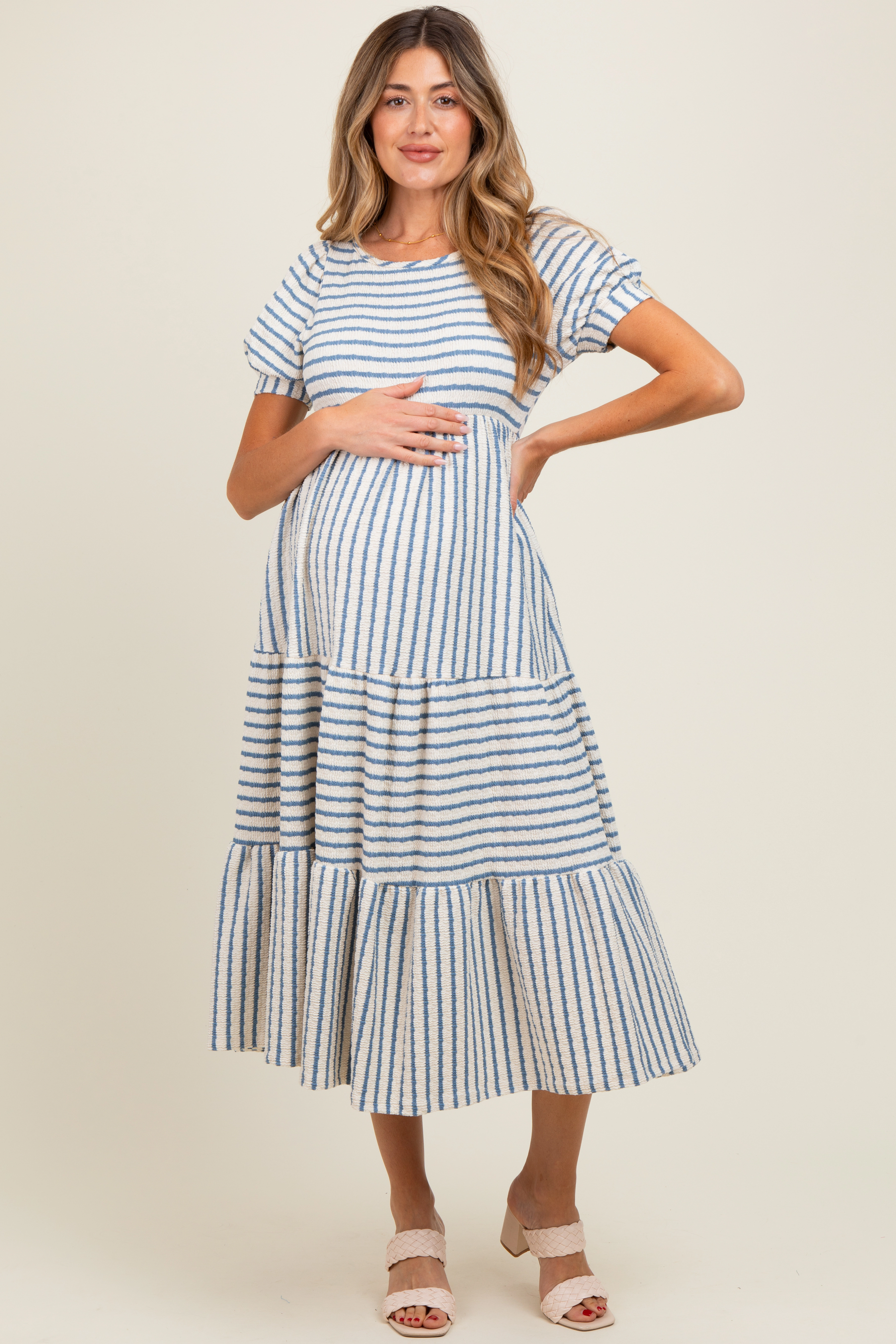 PinkBlush Womens Cream/Camel Striped Short Sleeve Tiered Maternity Maxi Dress