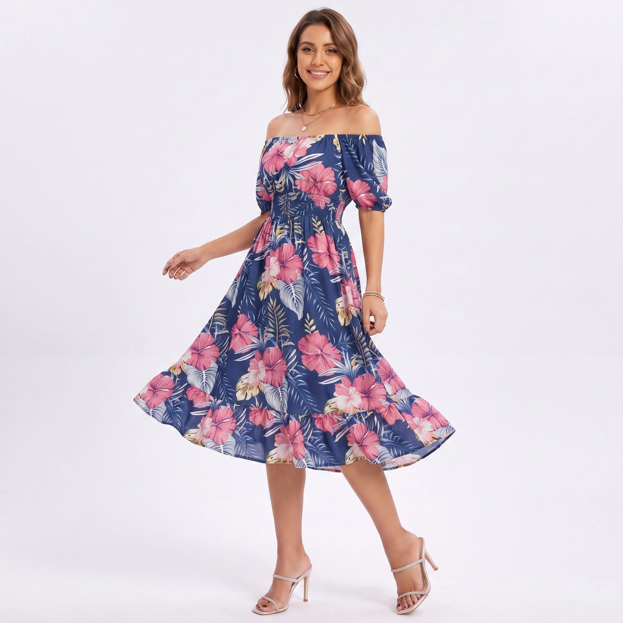 Anna-Kaci Women's Tropical Floral Square Neck Smocked Waist Midi Dress