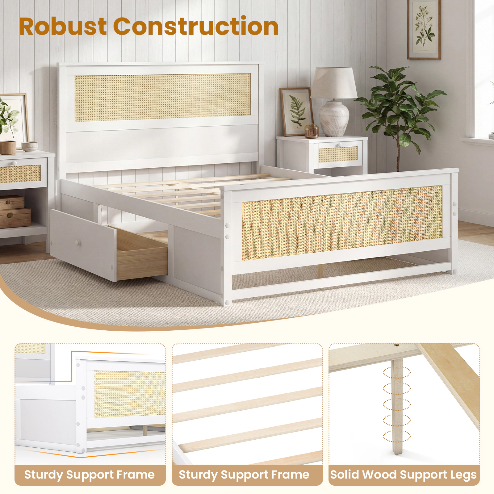 SUGIFT Full Size 400-lb Bed Capacity Rattan Wood Bed Frame with 2 Storage Drawers 79-in L 57-in W 41.5-in H White