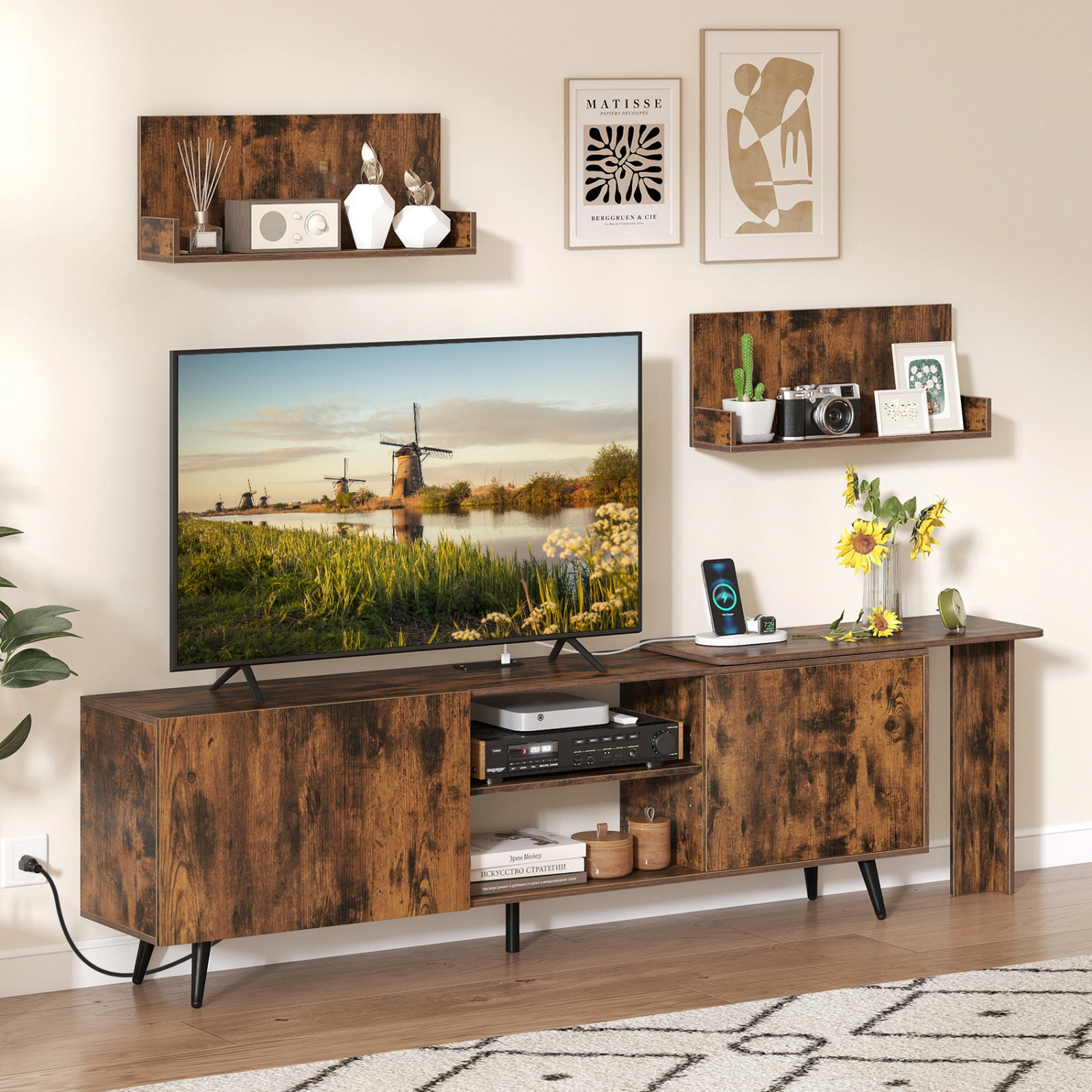 SUGIFT 74 in TV Stand Brown for TVs up to 85 in with 2 Wall Shelves and Charging Station