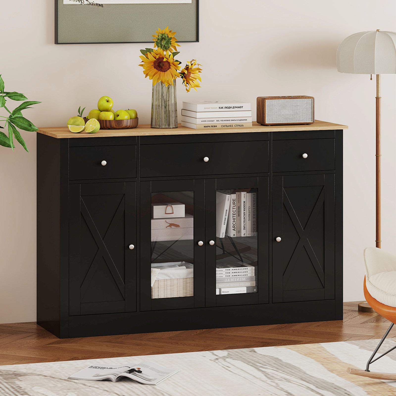 SUGIFT Buffet Sideboard Kitchen Storage Cabinet with 3 Drawers See-through Doors Adjustable Shelves Wine Bar Table Black