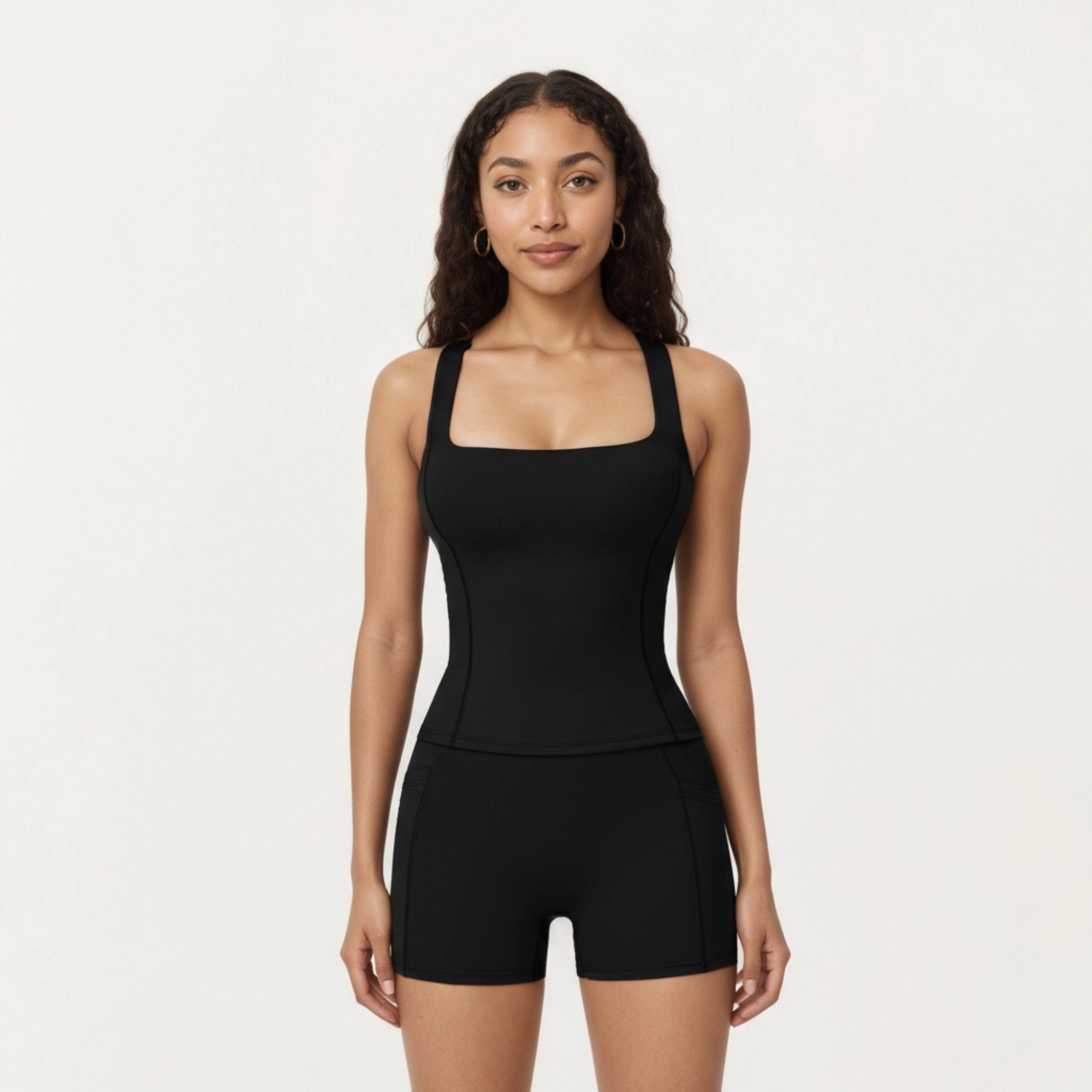 Anna-Kaci Women's Square Neck Sleeveless Fitted Active Tank Top with Seam Detailing