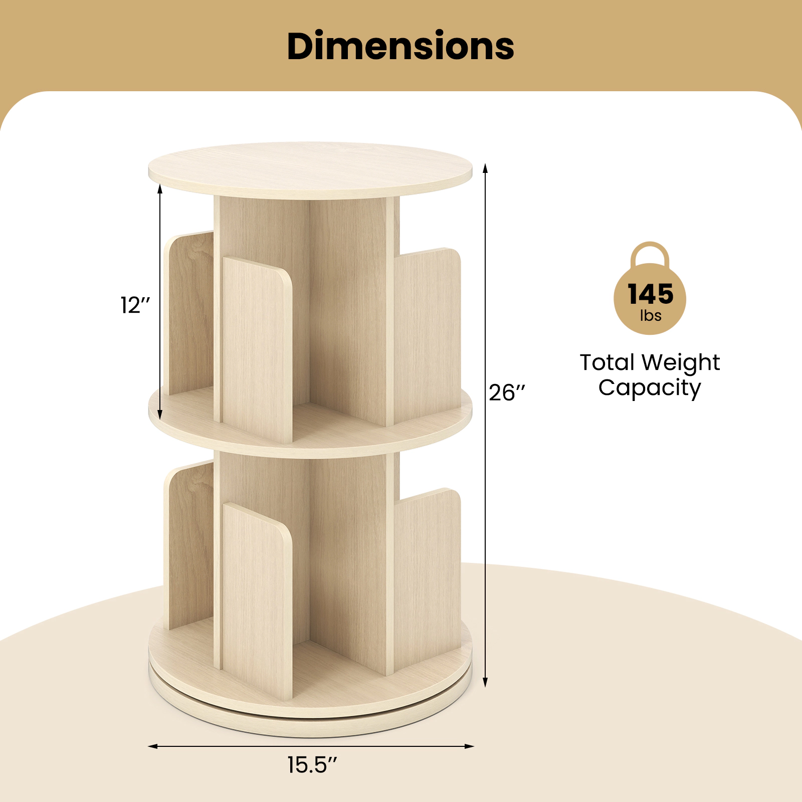 SUGIFT Natural 2-Tier Rotating Bookshelf with Dividers and Anti-Falling Baffles