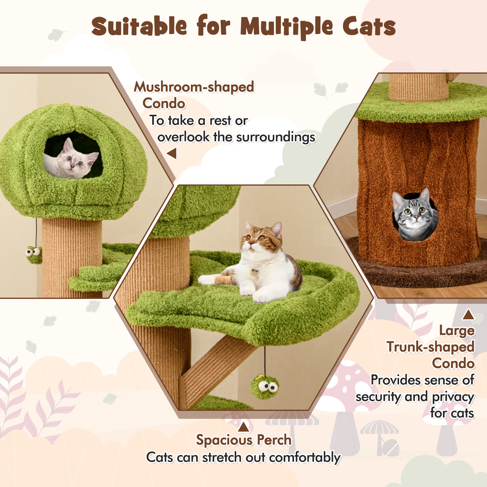 SUGIFT Mushroom Cat Tree with 2 Condos Plush Perch Thick Scratching Posts 33-lb Capacity 24 x 58 in Green Brown Natural