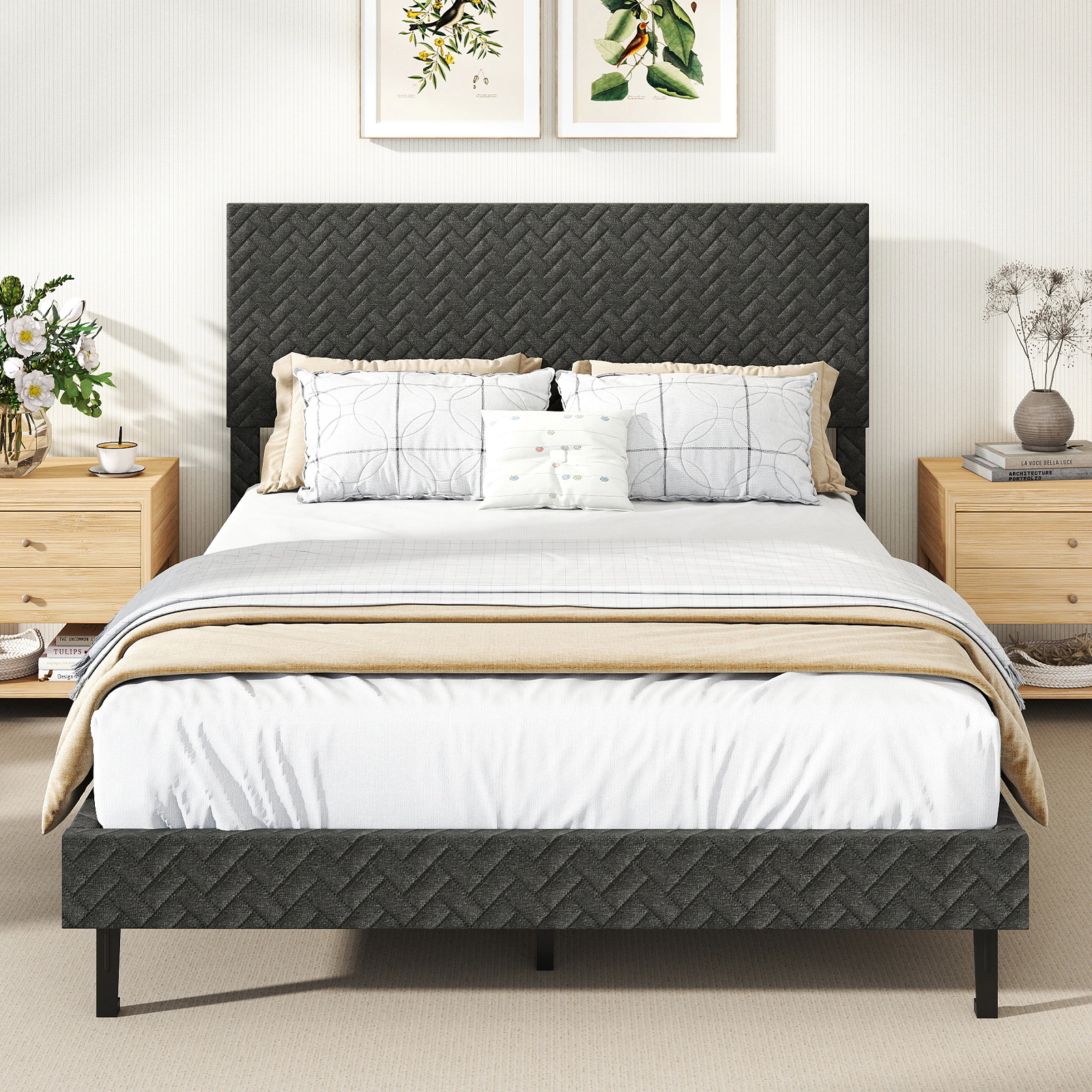 Full Size Velvet Upholstered Platform Bed Frame with Height Adjustable Chevron Headboard 10 Wood Slats Gray