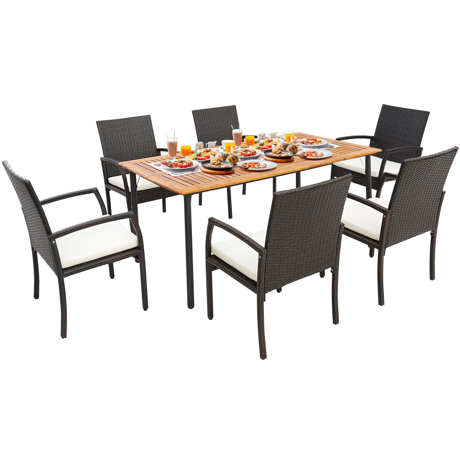 SUGIFT 7-Piece Brown Wicker Patio Dining Set with Acacia Table and 6 Chairs