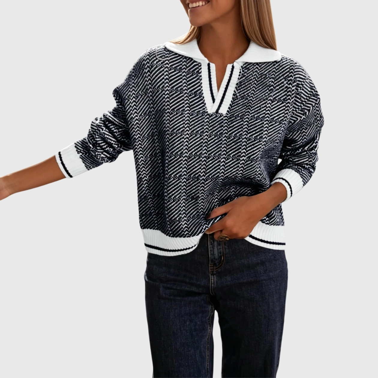 YesFashion Women's Fall Checkered Sweaters Lapel V Neck Knit Color Block Cozy Pullovers