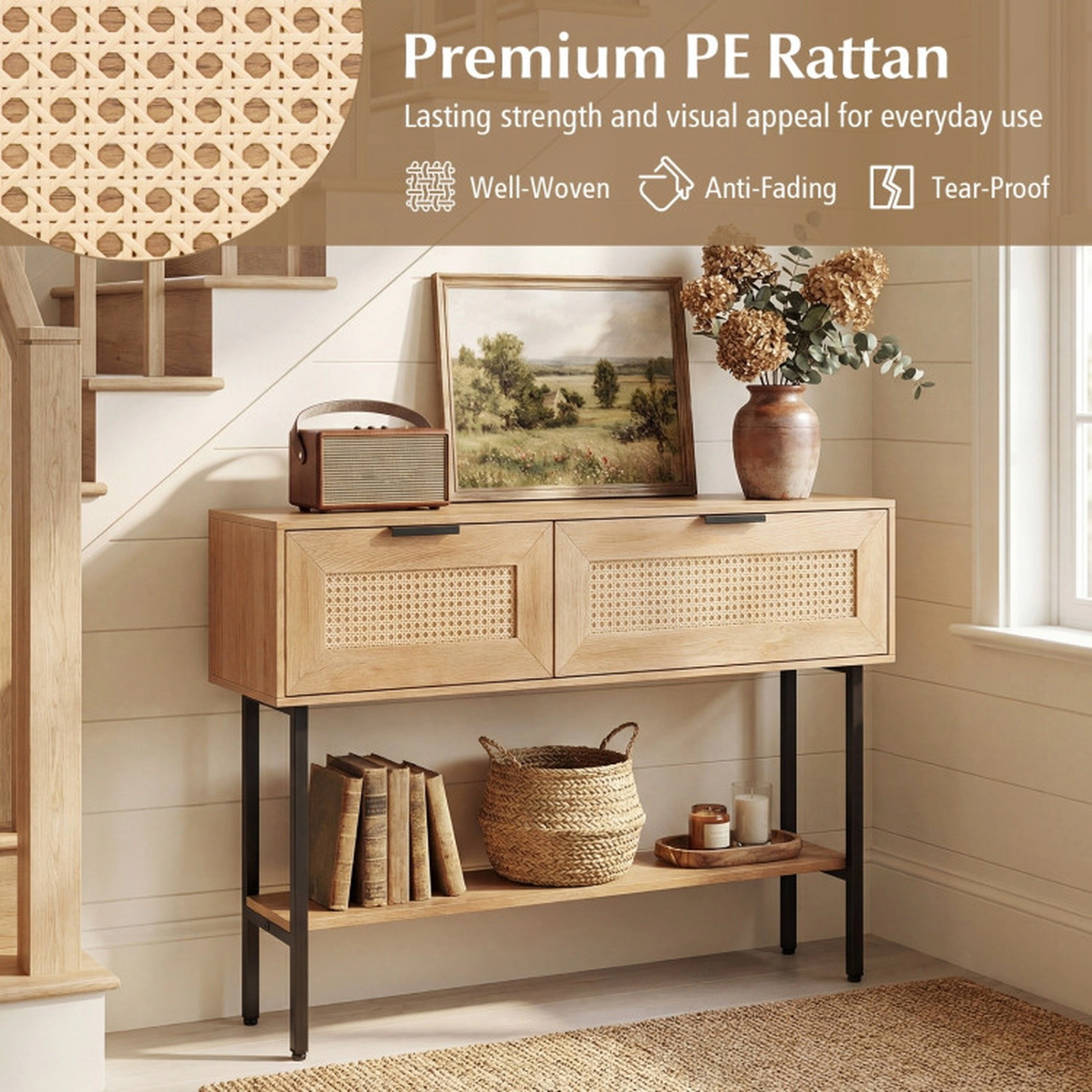 SUGIFT Rattan Console Table with 2 Storage Cabinets and Open Shelf 90-lb Top Capacity Black & Natural