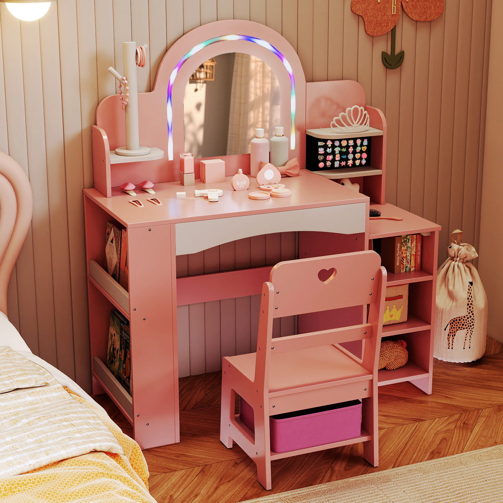 SUGIFT LED Lighted Mirror Jewelry Holder and Chair Kids Vanity Table Set
