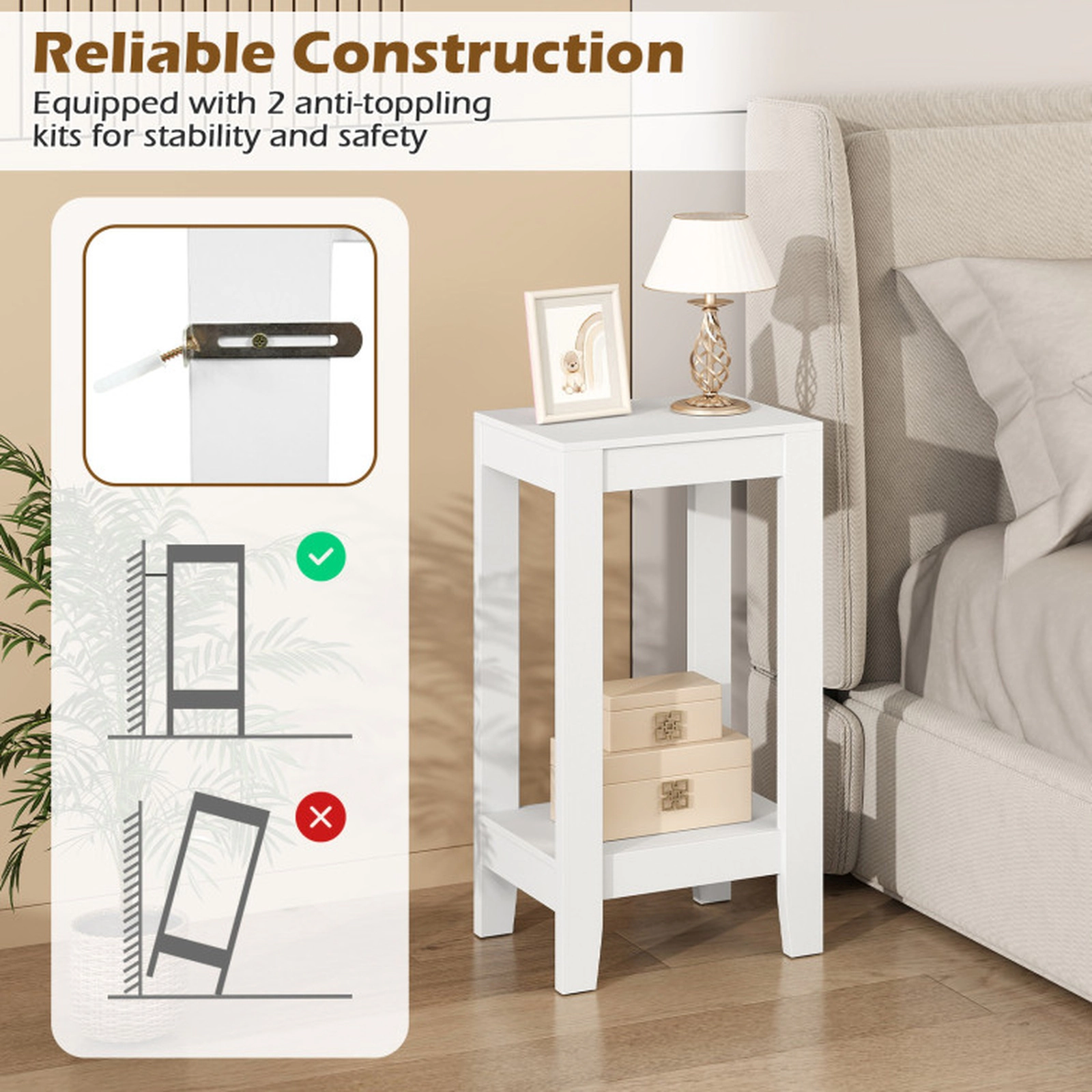 SUGIFT White 29-Inch Tall 2-Tier Nightstand with Storage Shelf and Wooden Legs