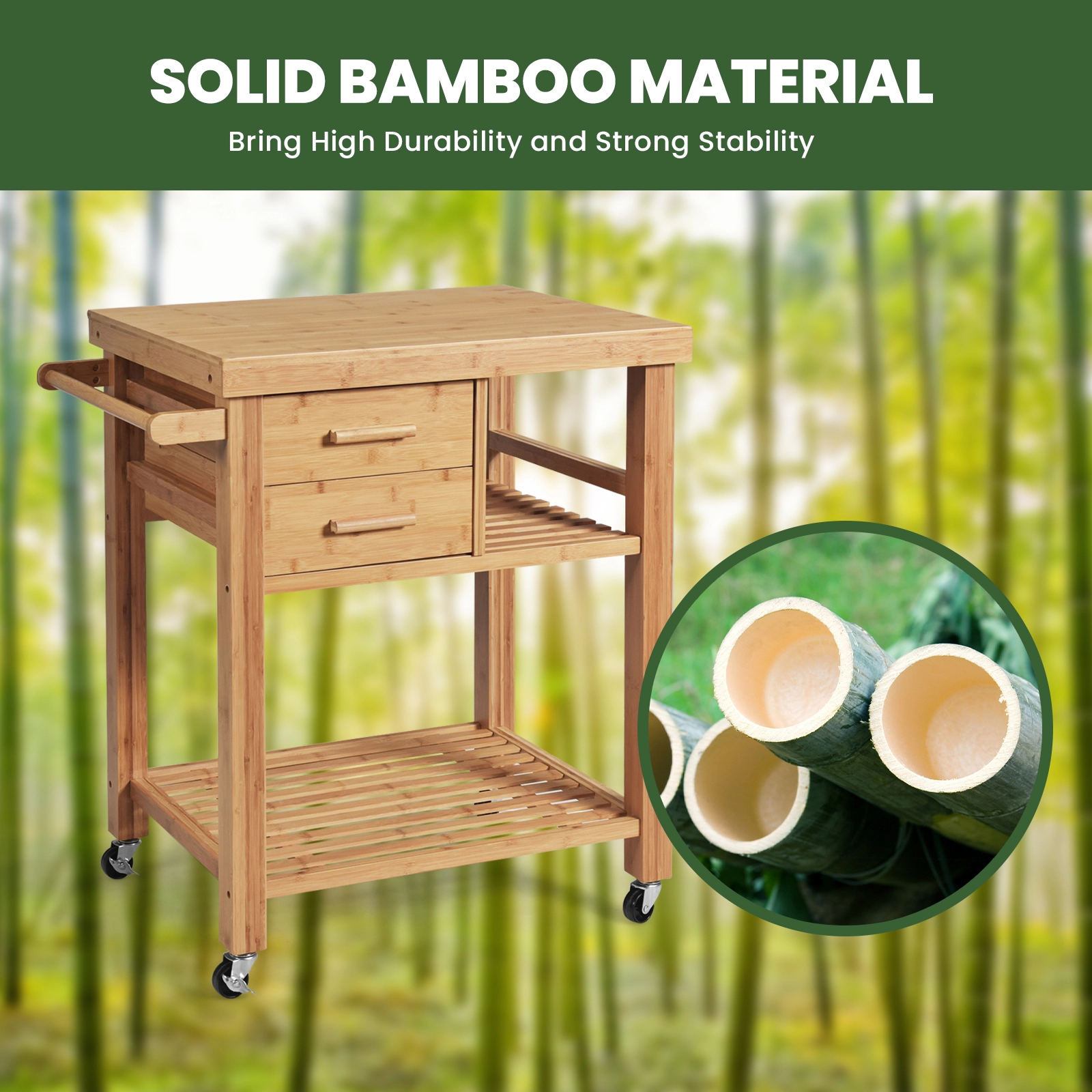 SUGIFT Bamboo Kitchen Trolley Cart Natural with Tower Rack Drawers and Casters