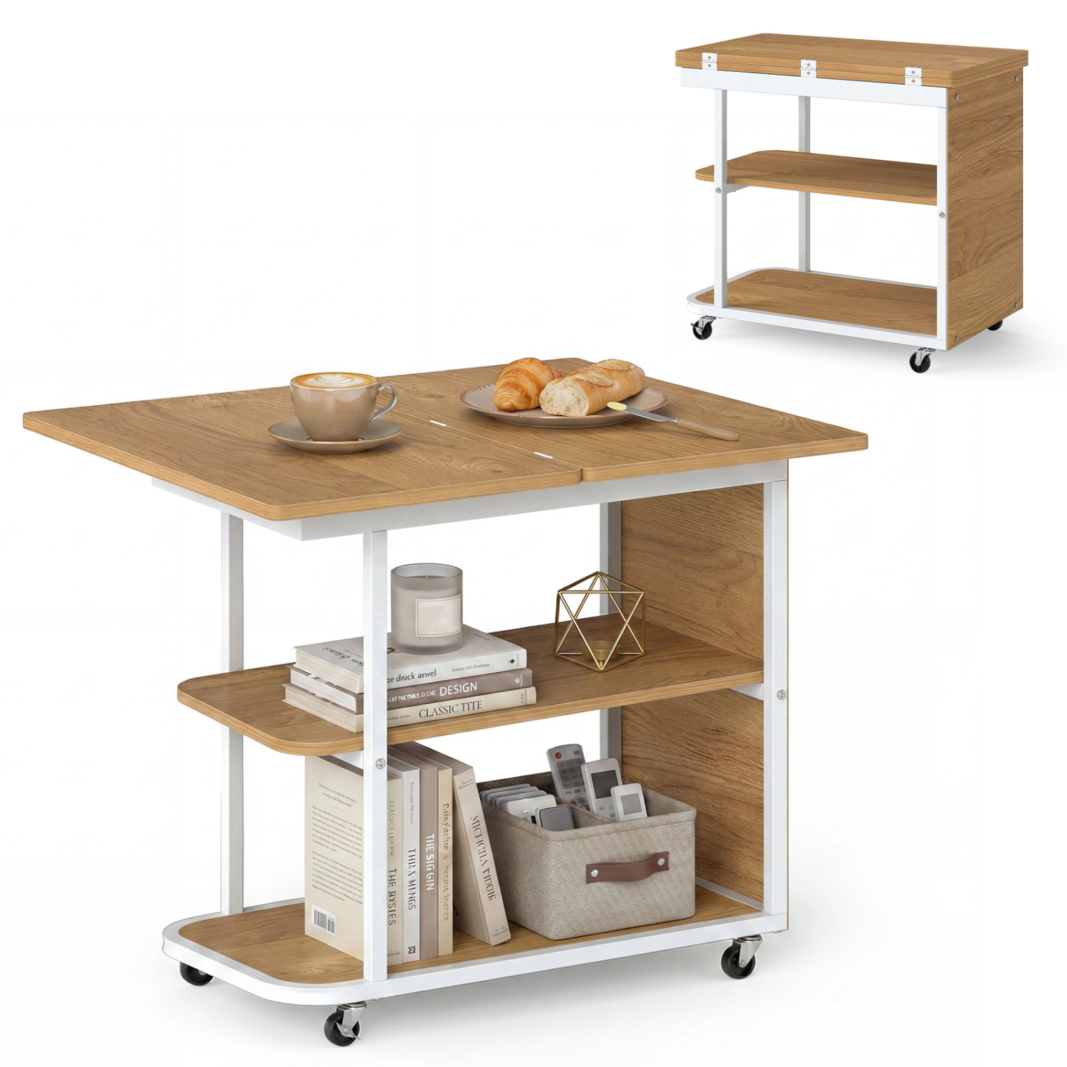 Glintex Mobile Nightstand with Foldable Swivel Top and 2-Tier Shelf