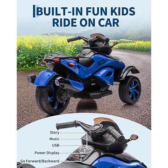 Enjyam 12V Kids Ride-On ATV, 3-Wheeler Electric Motorcycle, LED Lights, Music, Treaded Tires, 66Lbs