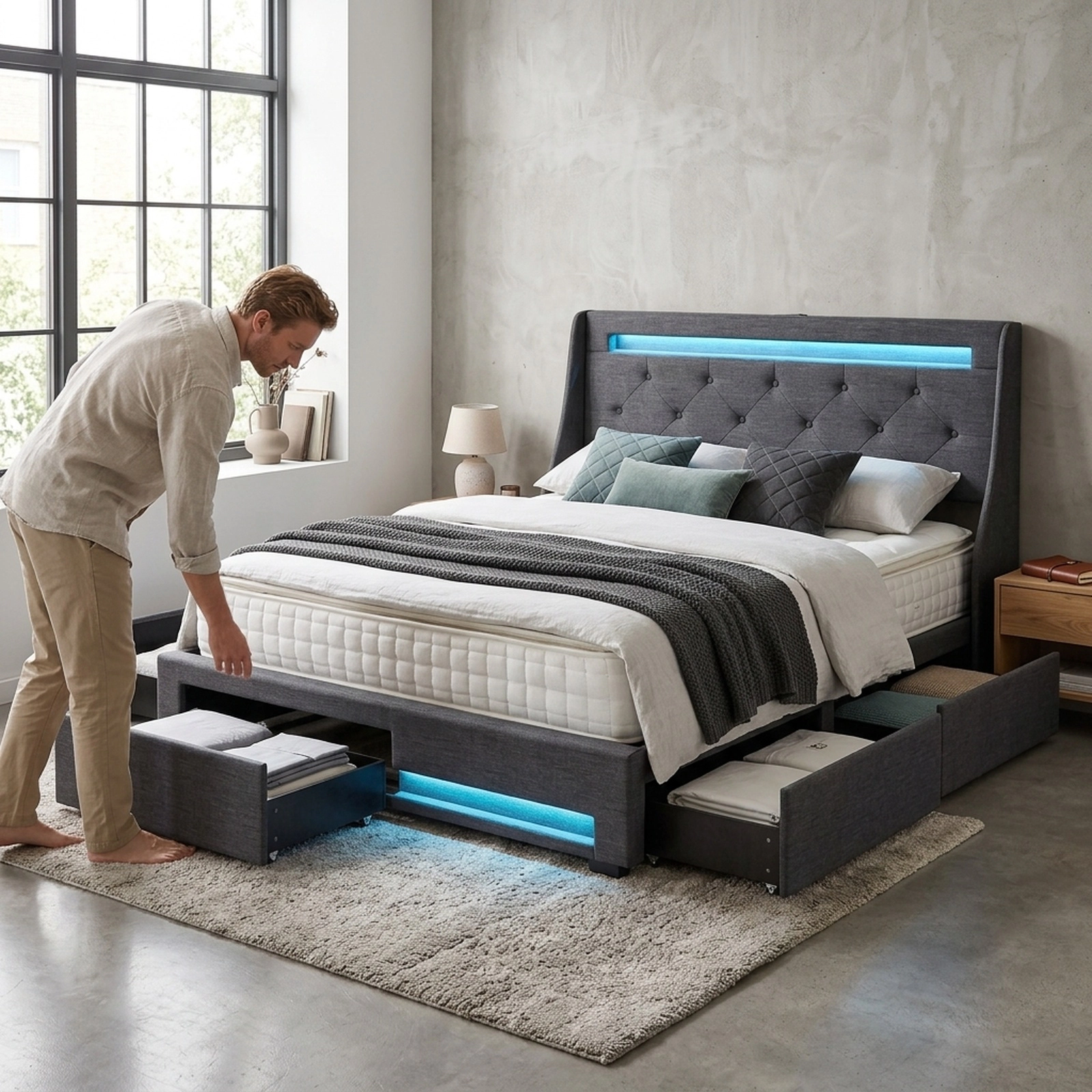 SUGIFT Full Upholstered Platform Bed with LED Lights, Tufted Wingback Headboard, Charging Station and 4 Drawers