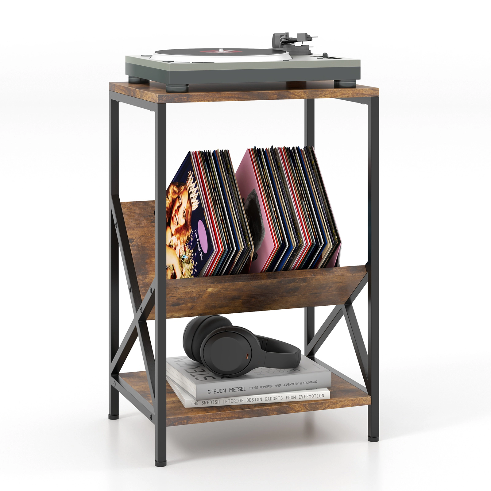 Glintex 3-Tier Industrial Side Table with V-Shaped Magazine Rack and Steel Frame, Rustic Brown