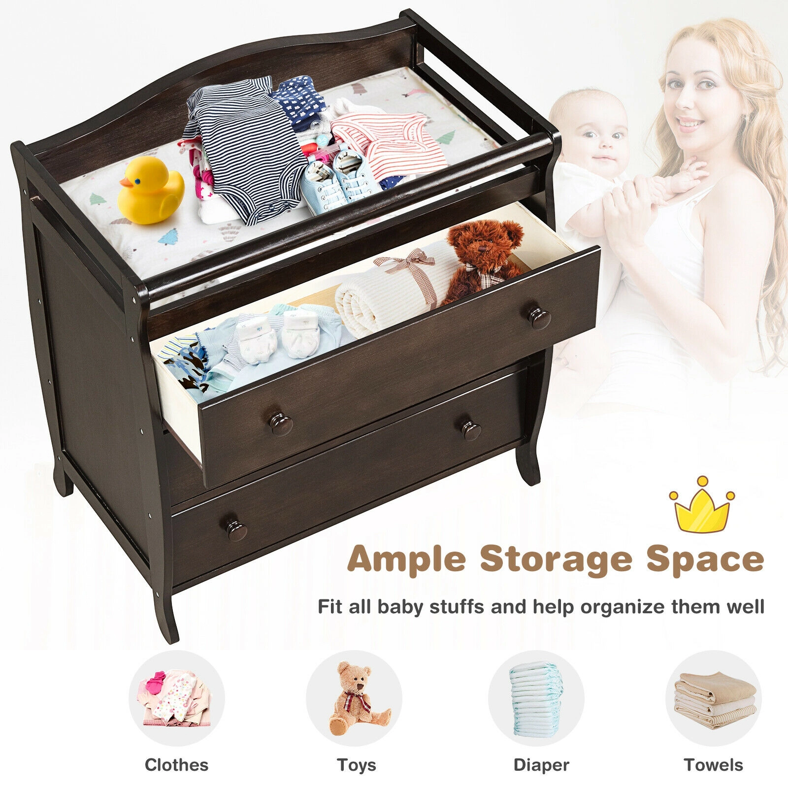 SUGIFT Brown Wood Baby Changing Table Dresser, 3 Drawers and Safety Belt
