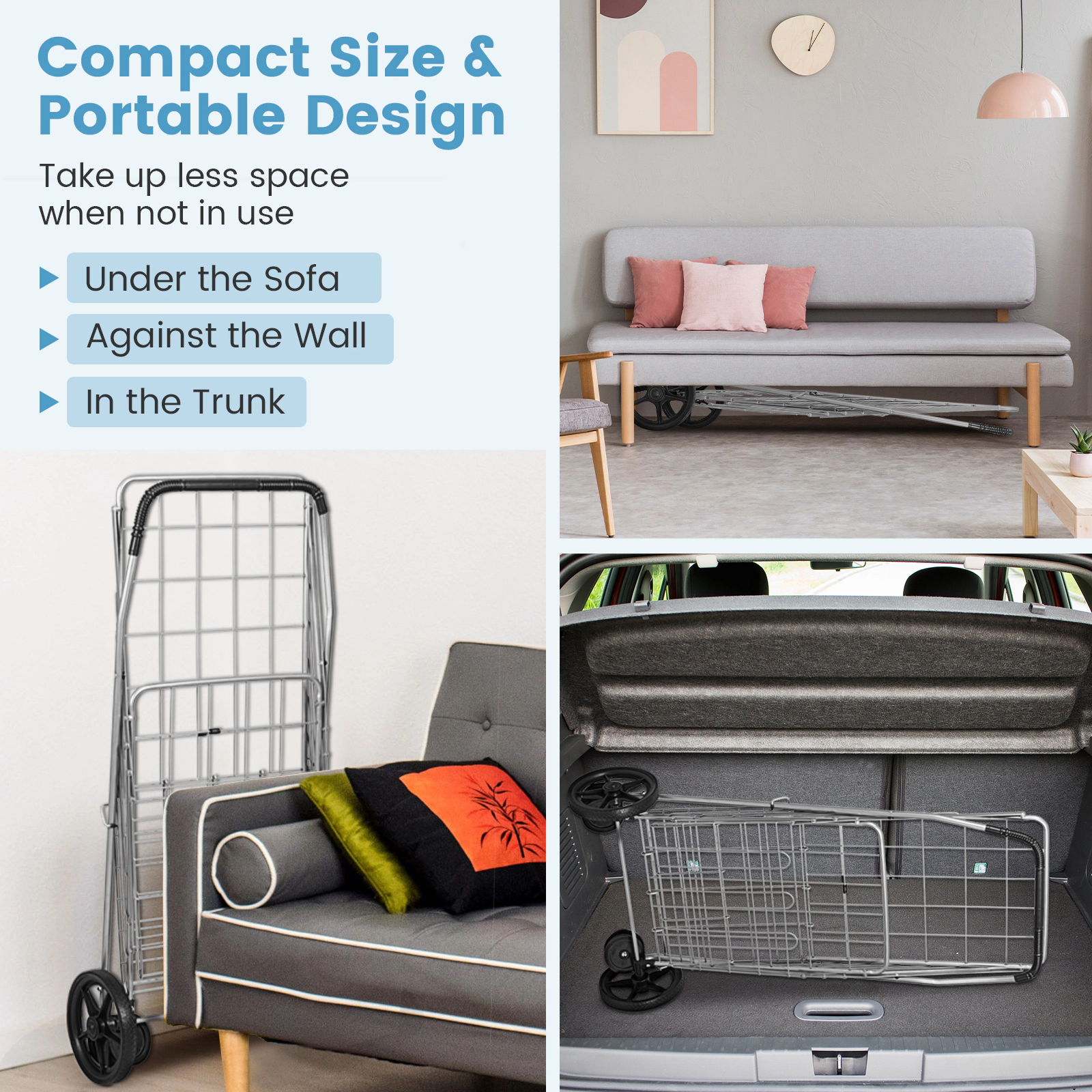 SUGIFT Folding Iron Shopping Cart for Laundry and Groceries with Swiveling Wheels 88-lb Capacity 40-in Tall Black