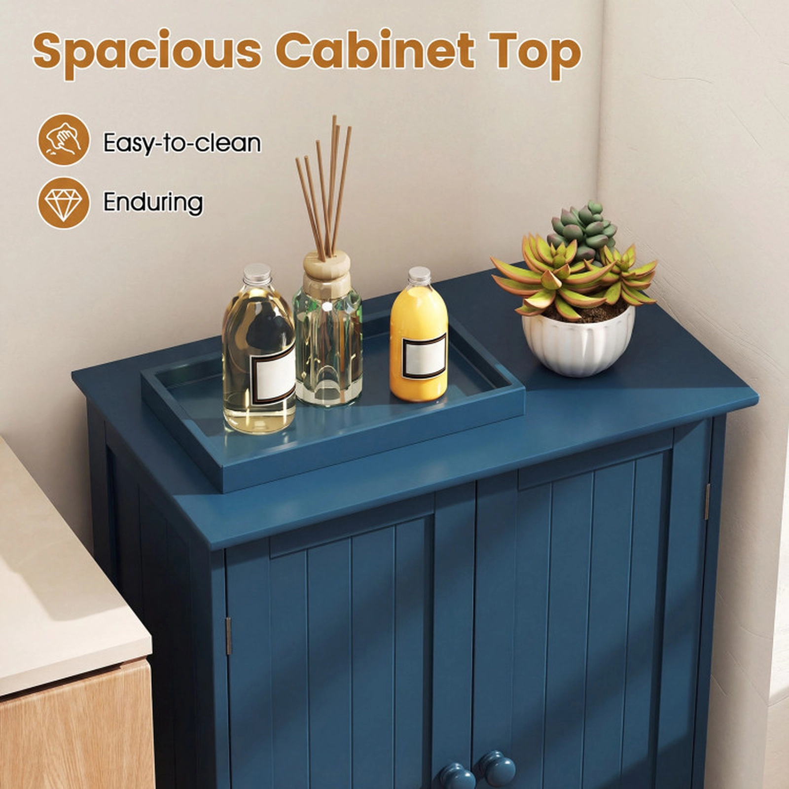 SUGIFT 2-Door Freestanding Fluted Wooden Bathroom Floor Cabinet 24-in x 14-in x 34.5-in 176-lb Top Capacity Blue