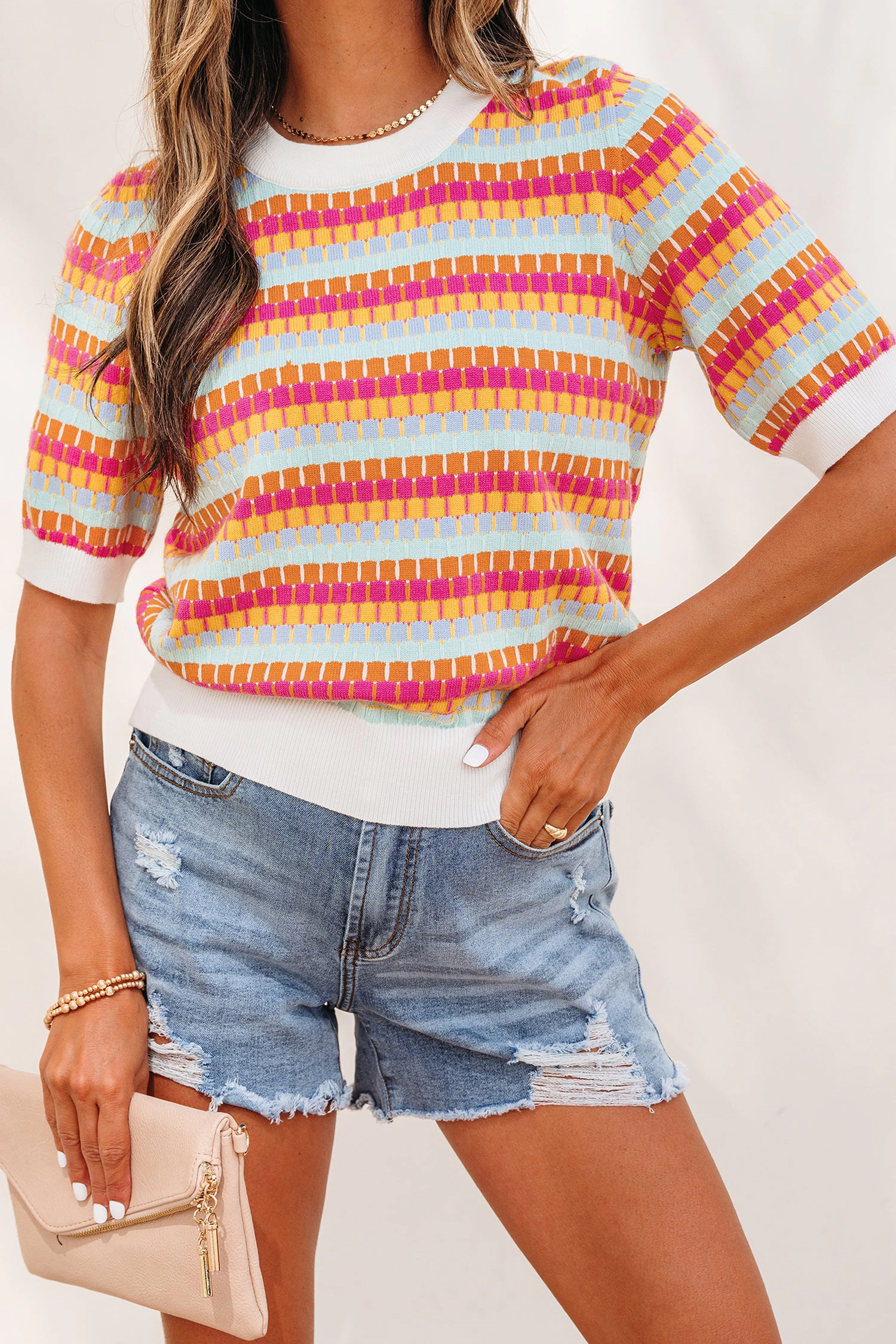 Threaded Pear Bellamy Knit Short Sleeve Sweater - Orange, Oversized Retro Stripe