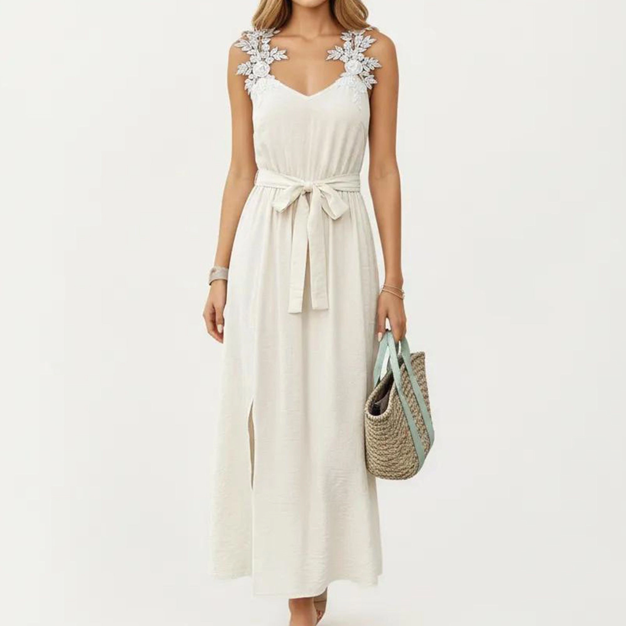 Anna-Kaci Womens Sleeveless V-Neck Maxi Dress with Floral Applique Straps