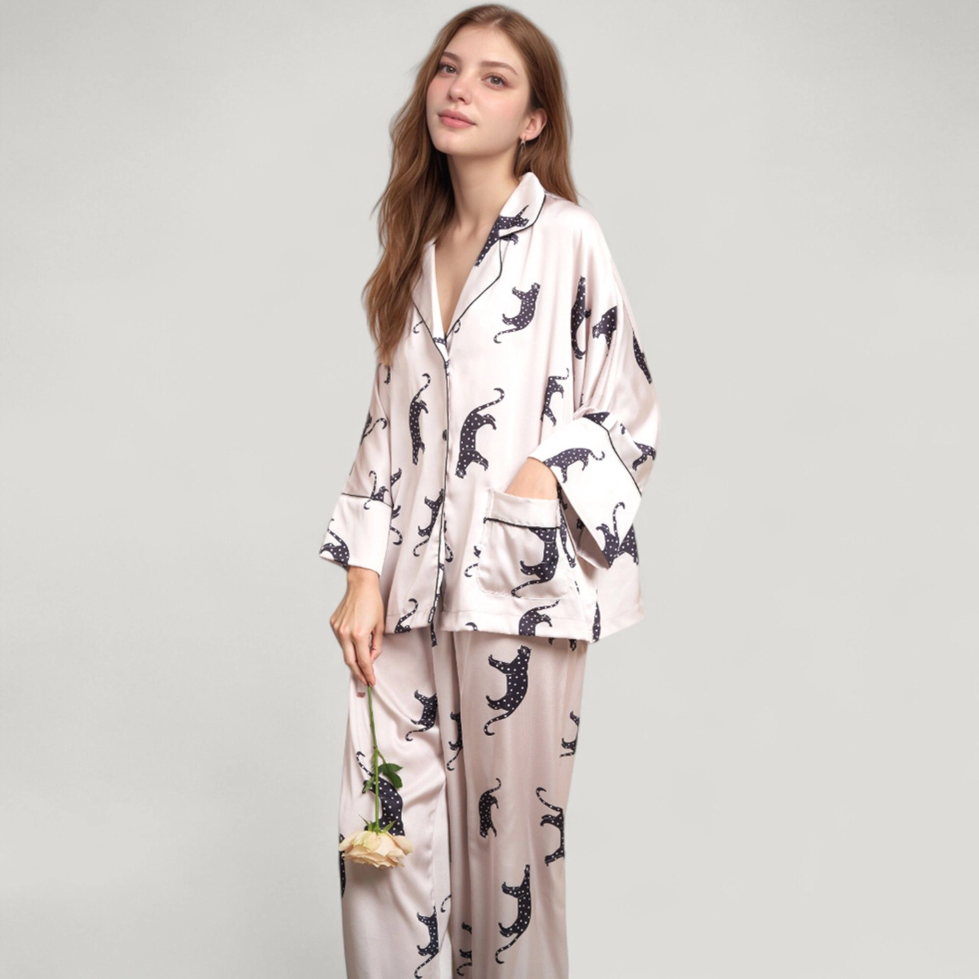 Anna-Kaci Women's Cat Print Satin Pajama Set Long Sleeve Button Up Top with Elastic Waist Full-Length Pants