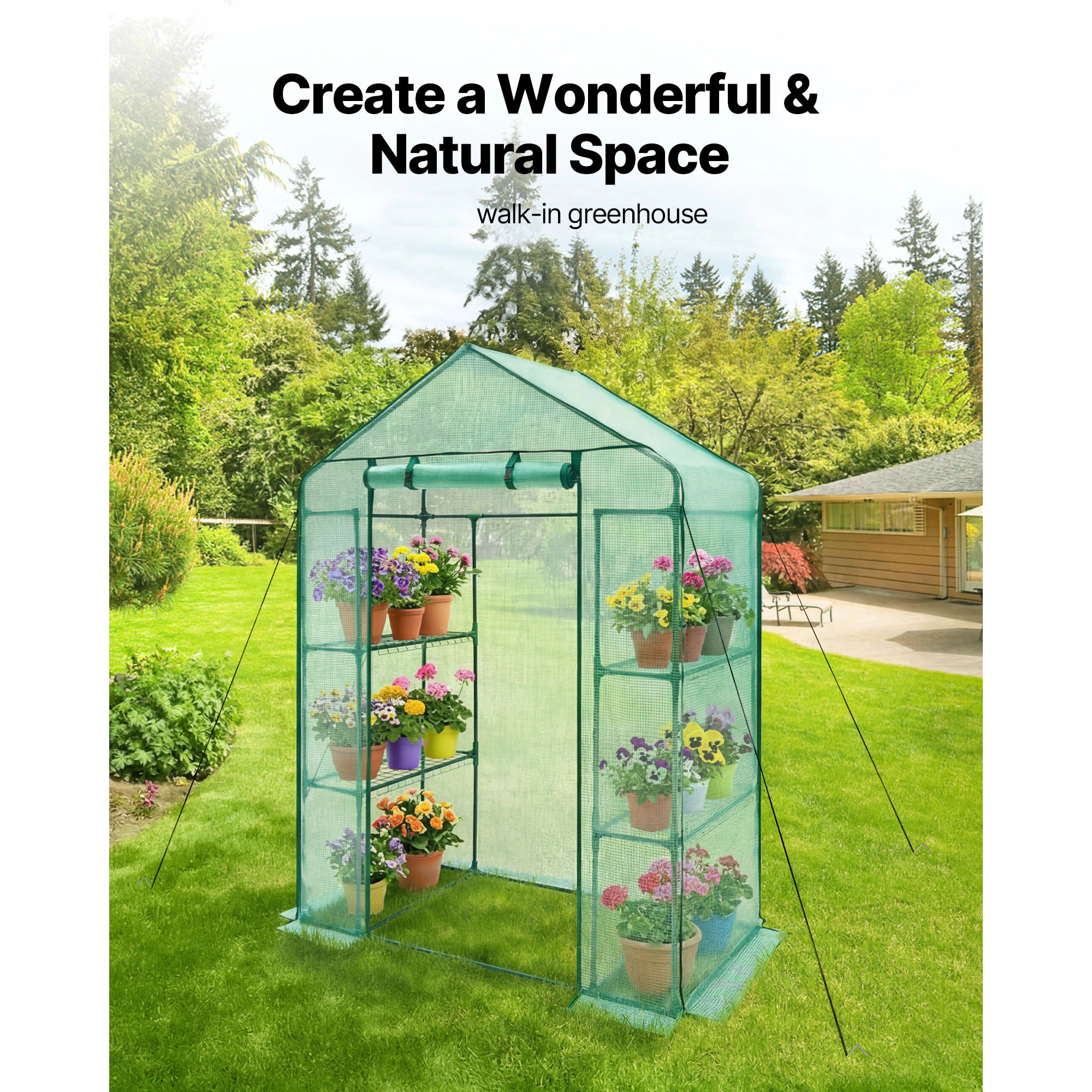 HONGGE Walk-In Greenhouse 55.5 x 28.3 x 78.7 in with 2-Tier 4-Shelf Storage, PE Cover and Roll-Up Zipper Door