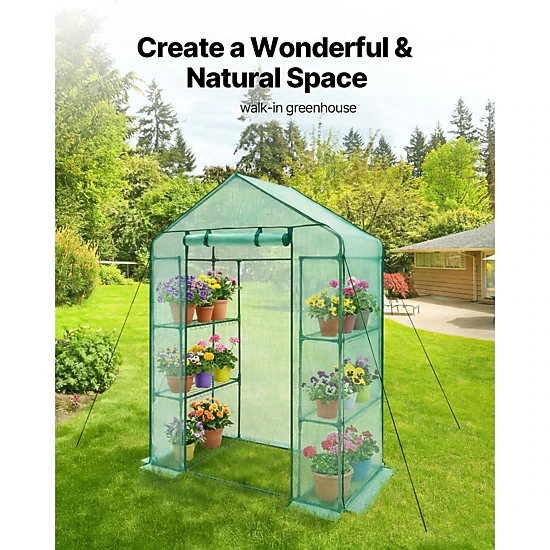 HONGGE Walk-in Greenhouse for Outdoors with PE Cover 2 Tiers Roll-Up Zipper Door Walk in Green House Portable Plant