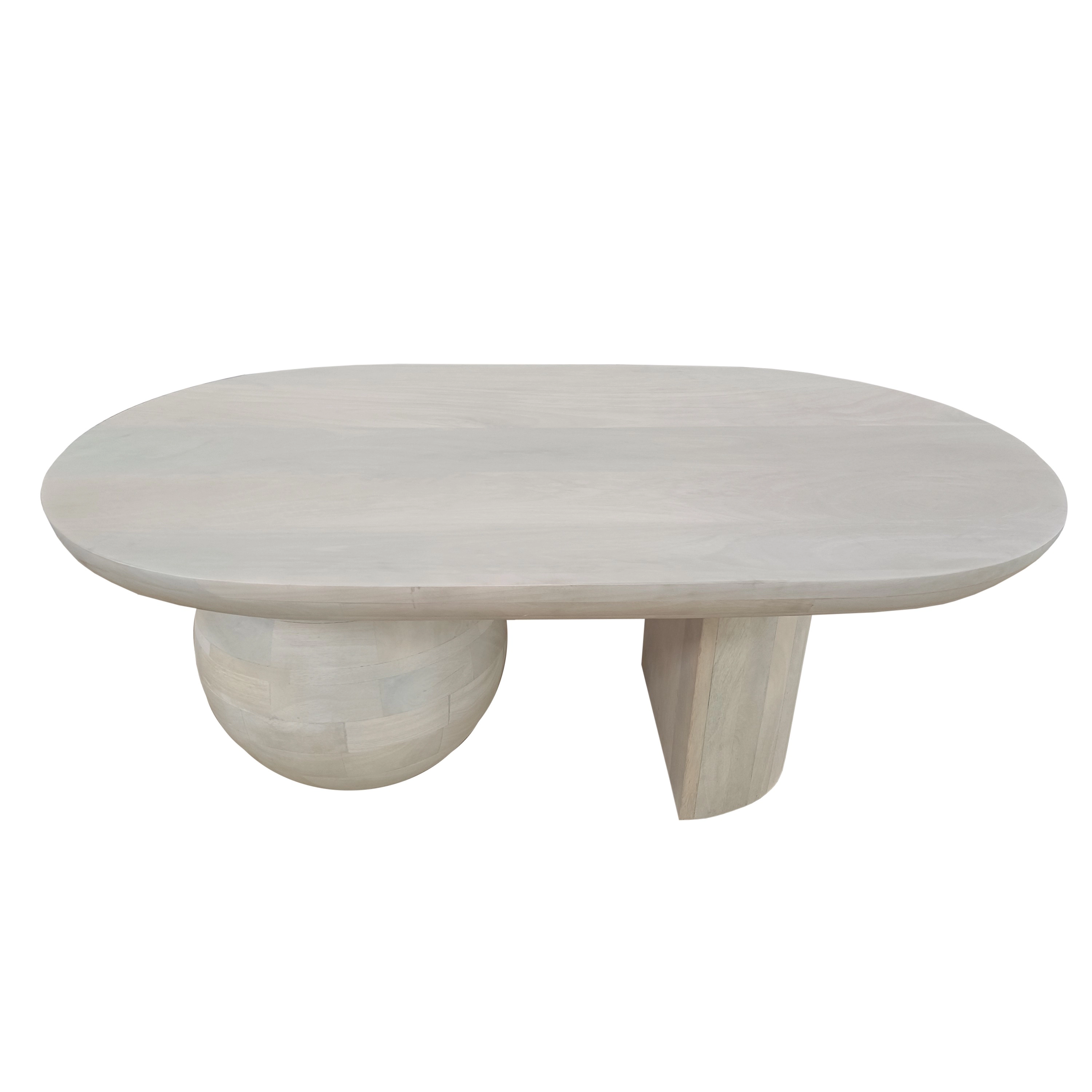 The Urban Port 38 Inch Coffee Table, Oblong Mango Wood Top with a Modern Ball Leg, Washed White