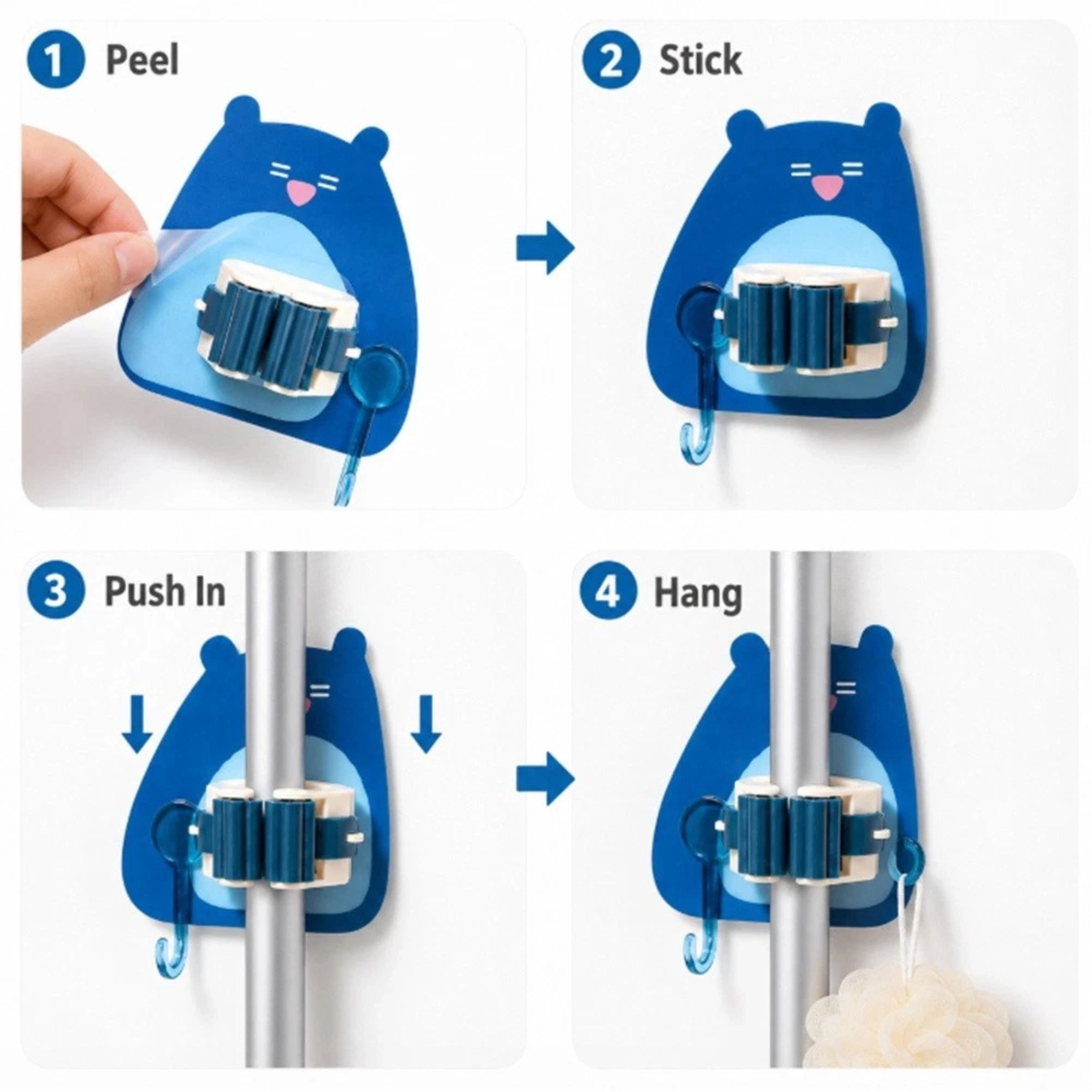 Home Collection Pack of 4 Wall Mounted Mop Broom Holder Self-Adhesive Clip with Hooks