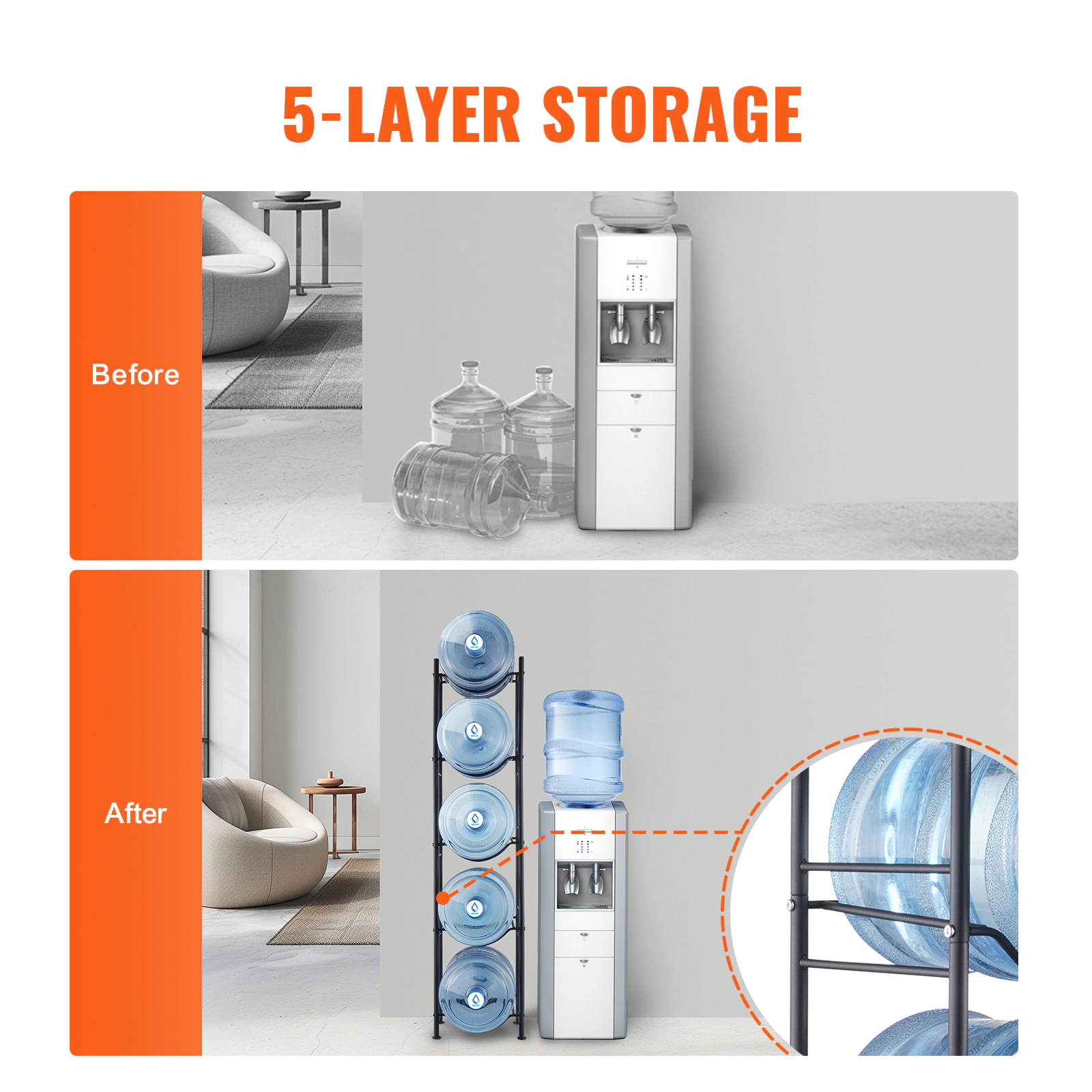 HONGGE Water Jug Holder 5 Gallon Water Bottle Holder Single Row Water Bottle Rack for Heavy Duty Water Jug Rack for
