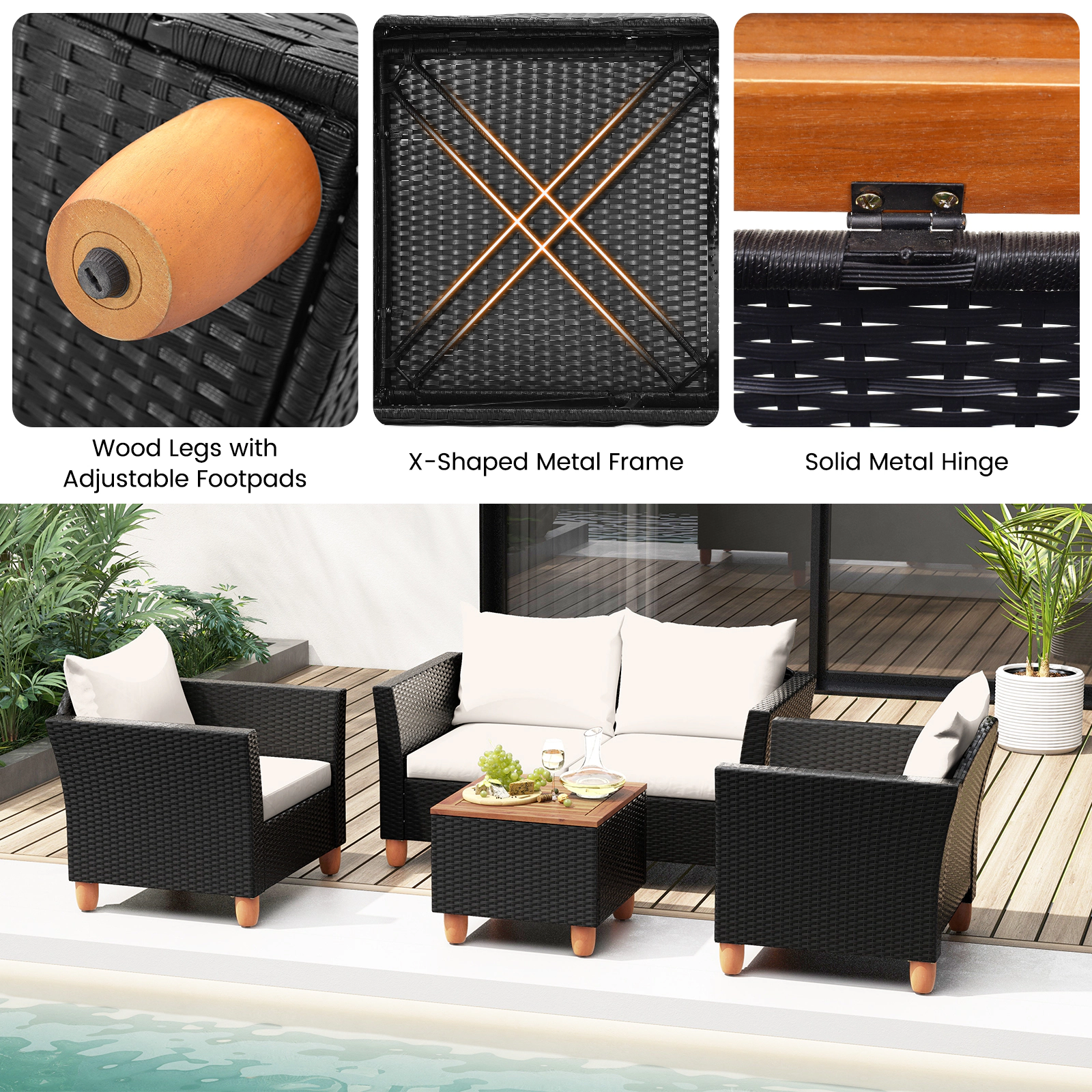 SUGIFT White Flip-Top Storage Coffee Table 4-Piece Outdoor Rattan Conversation Set