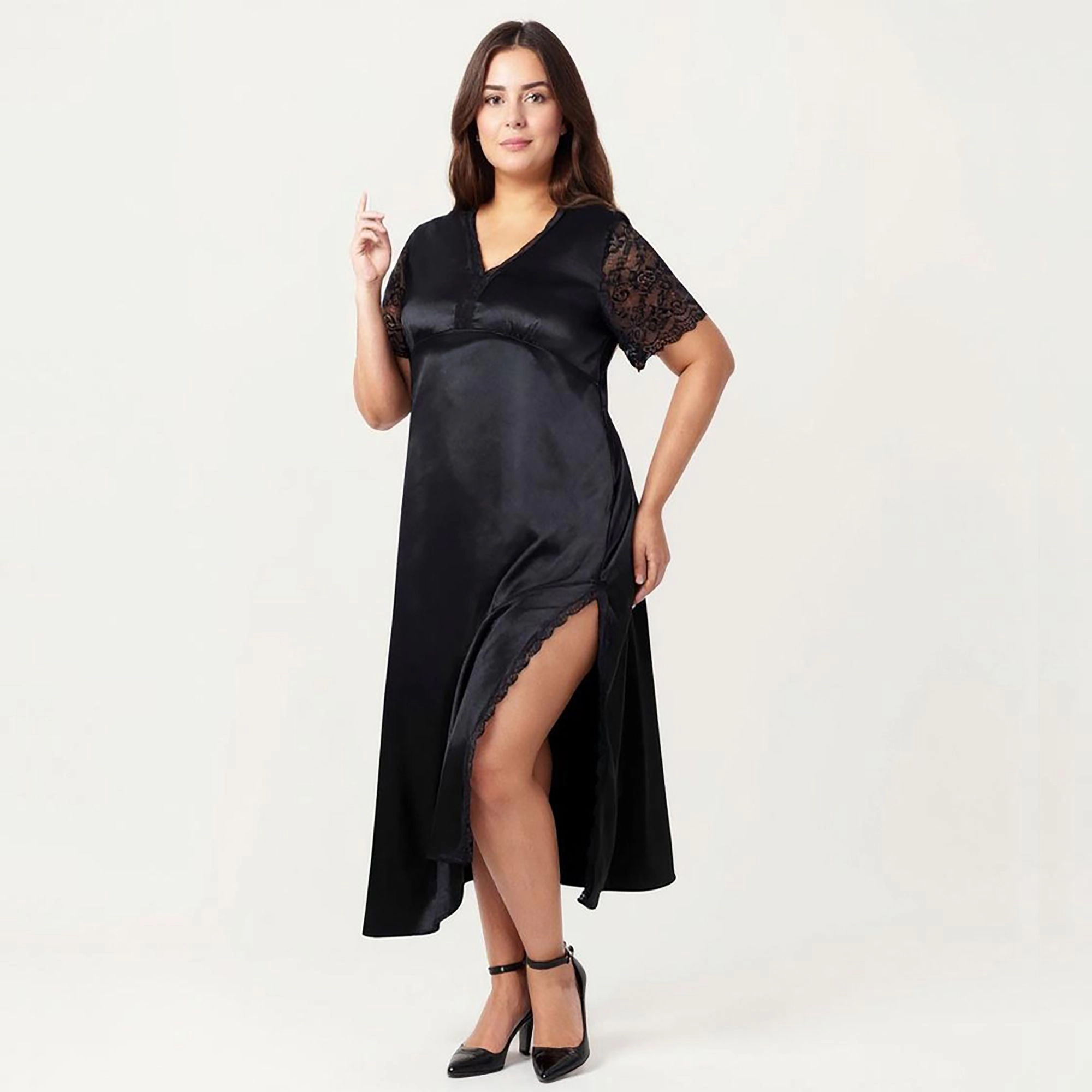 Anna-Kaci Women's Plus Satin Nightdress with Lace Trim Sleeves and High Side Slit Featuring Soft Draping Fabric