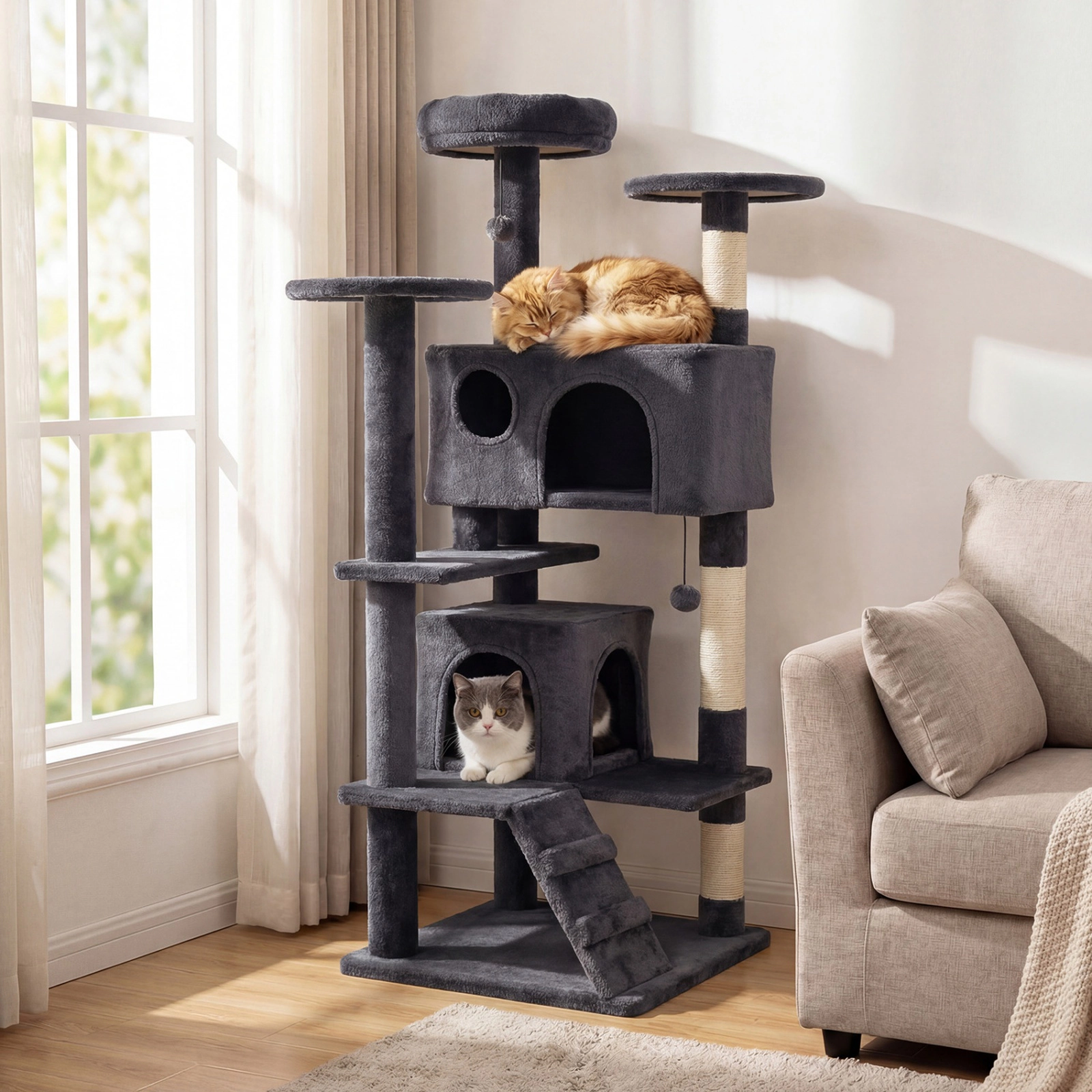 SUGIFT Multi-Level Cat Tree Tower for Indoor Cats Caves Perches Ladder & Sisal Posts 22-lb Capacity Per Layer Dark Gray