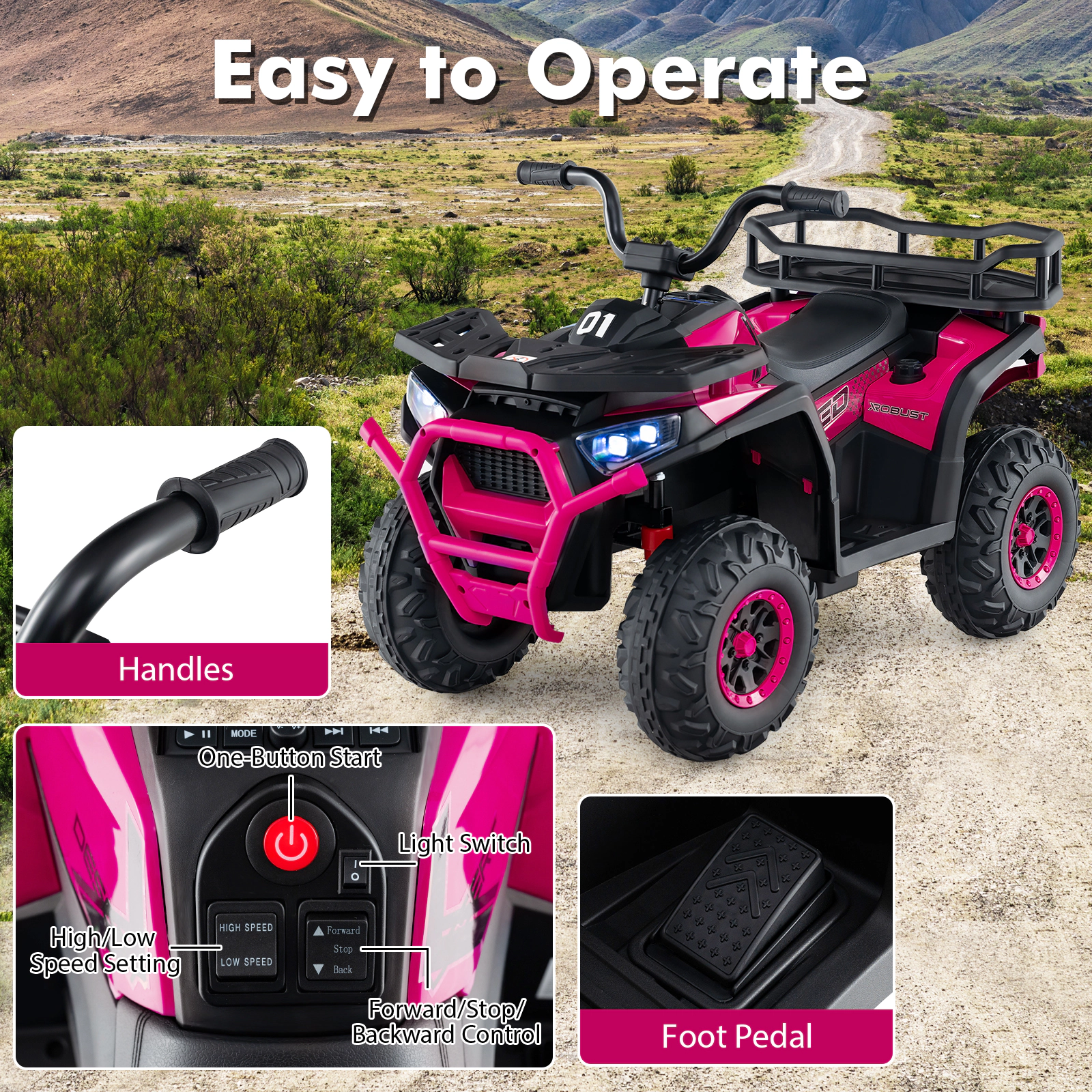 24V Kids Ride on ATV Quad 4-Wheeler Dual 25W Motors Shock Absorption LED Lights FM Radio Ages 3+ 66-lb Capacity