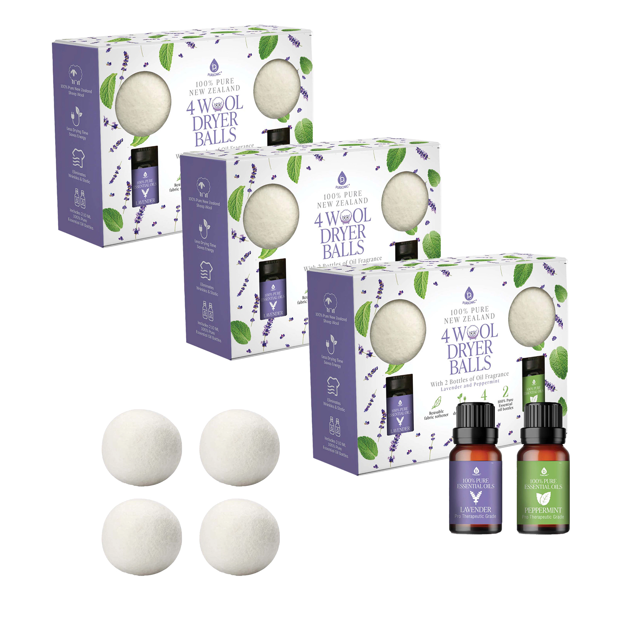 Pursonic Unisex 100% Pure New Zealand Wool Reusable Dryer Balls & Essential Oil Laundry Bundle