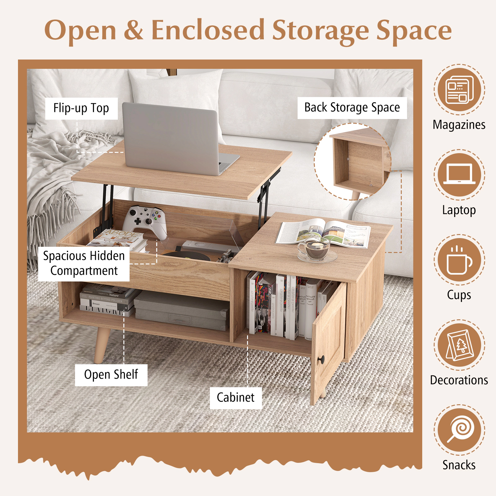 SUGIFT 39.5-in Natural Convertible Writing Desk Coffee Table with Lifting Top Soft-Close Cabinet and Cubbies