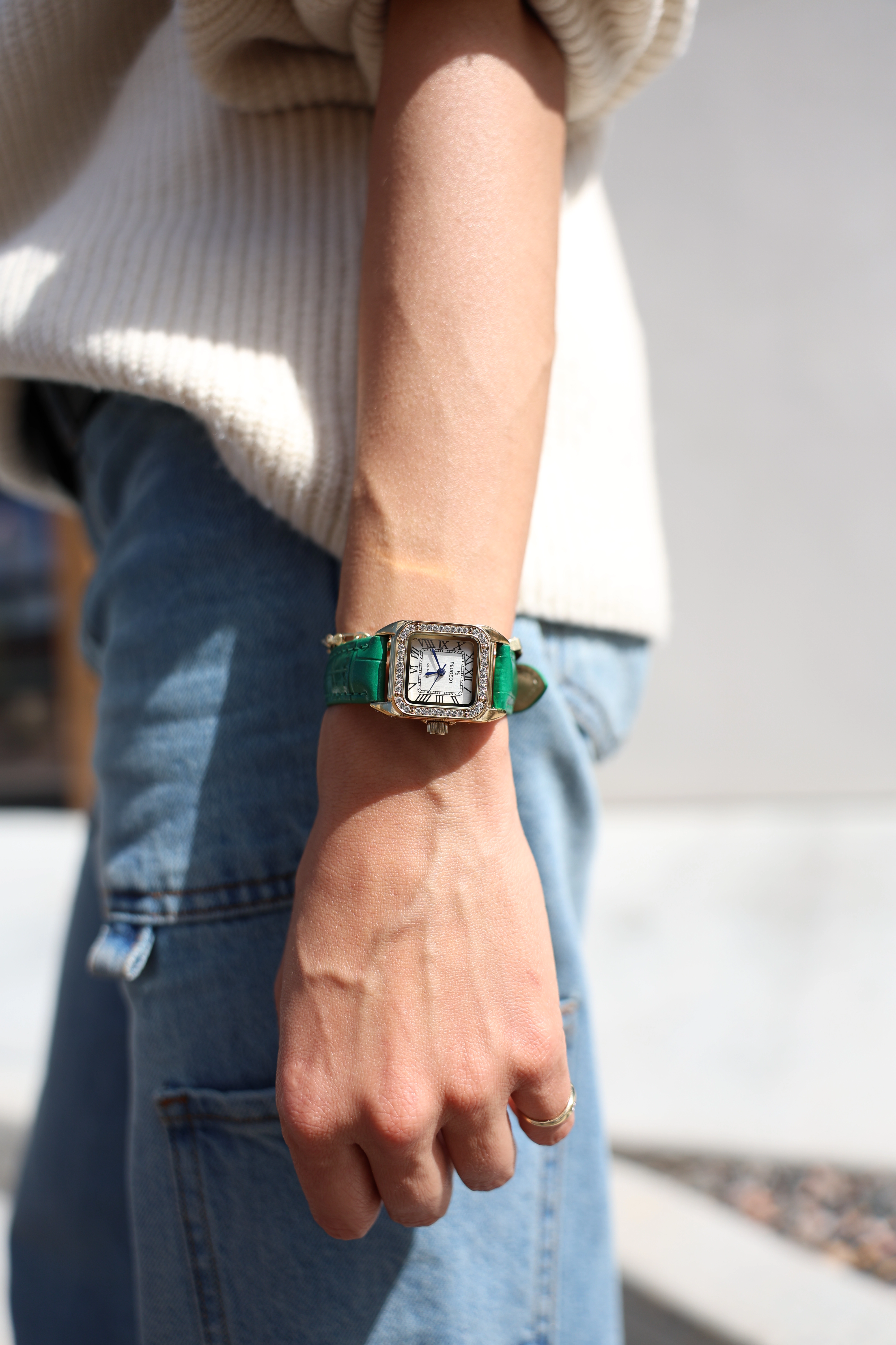 Peugeot Women's 34x24mm Tank Watch with Crystal Bezel Green Leather Strap