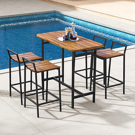 LJG 5 Piece Acacia Wood Bar Table Set Bar Height Table and Chairs with Metal Frame and Footrest