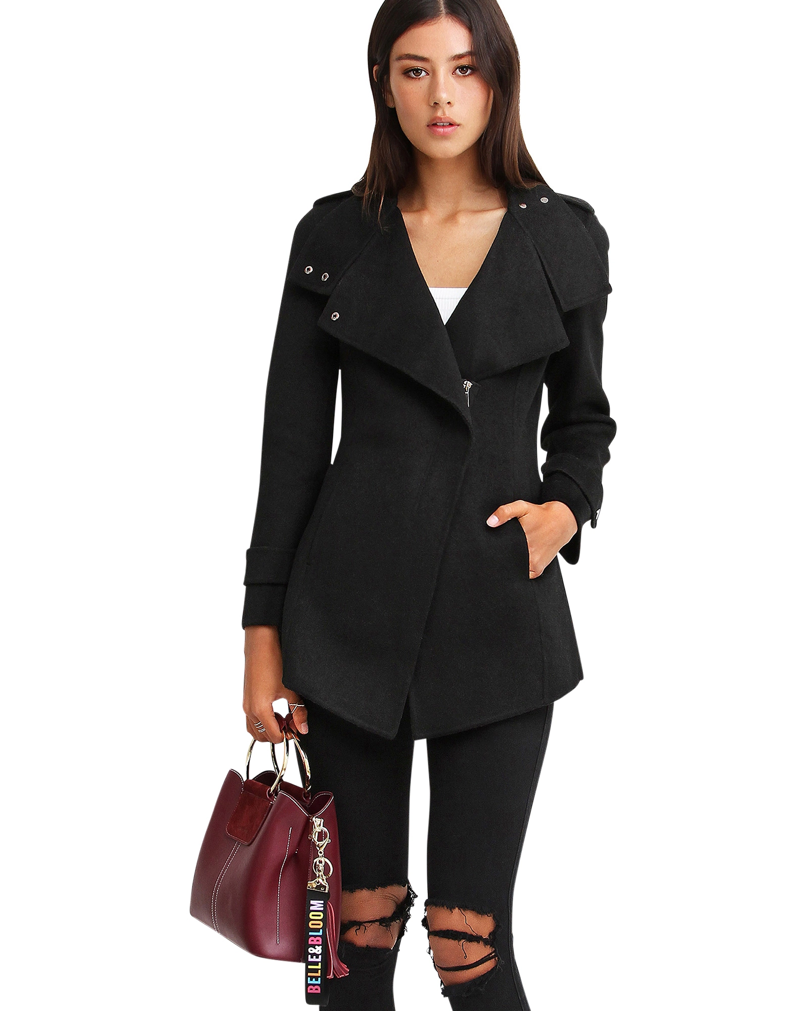 Belle & Bloom Womens Bad Girl Wool Blend Moto Coat