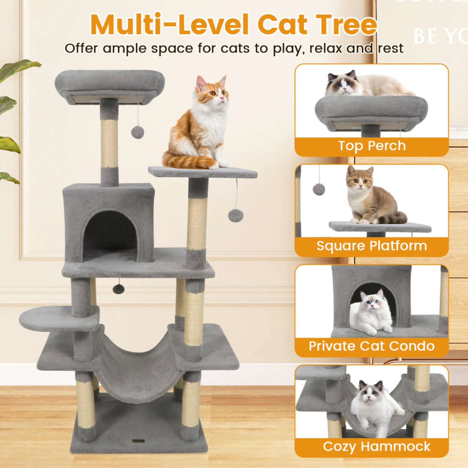 SUGIFT 58-in Light Gray Multi-Level Plush Cat Tree Tower with 14-in Padded Top Perch and Anti-Tip Device