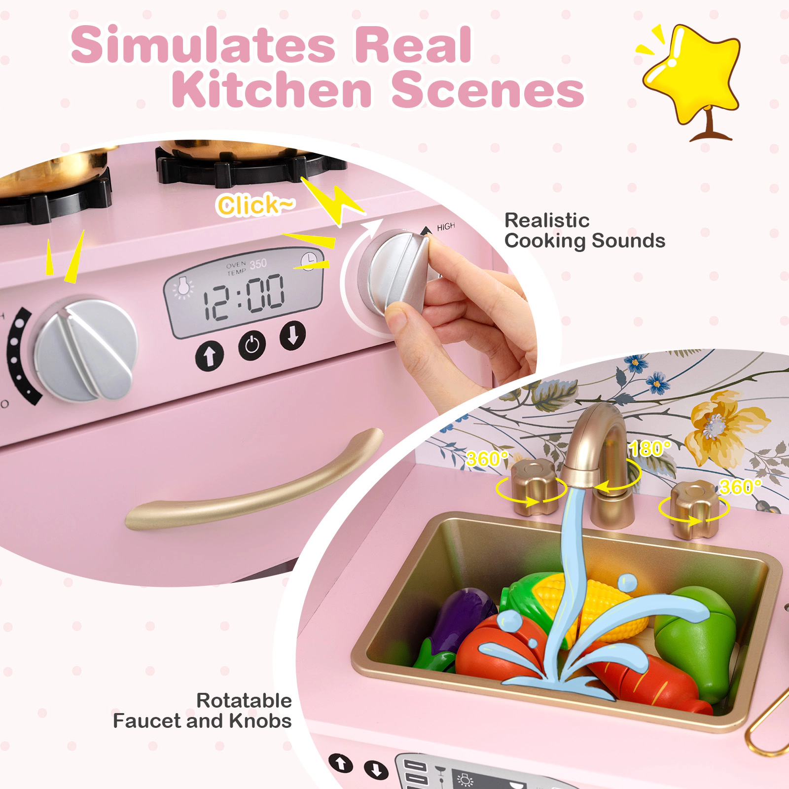 Light Pink Kitchen Playset Stove Cookware Lift-Out Sink Towel Rack 32-in Kitchen Play Set Blackboard Ages 3-6