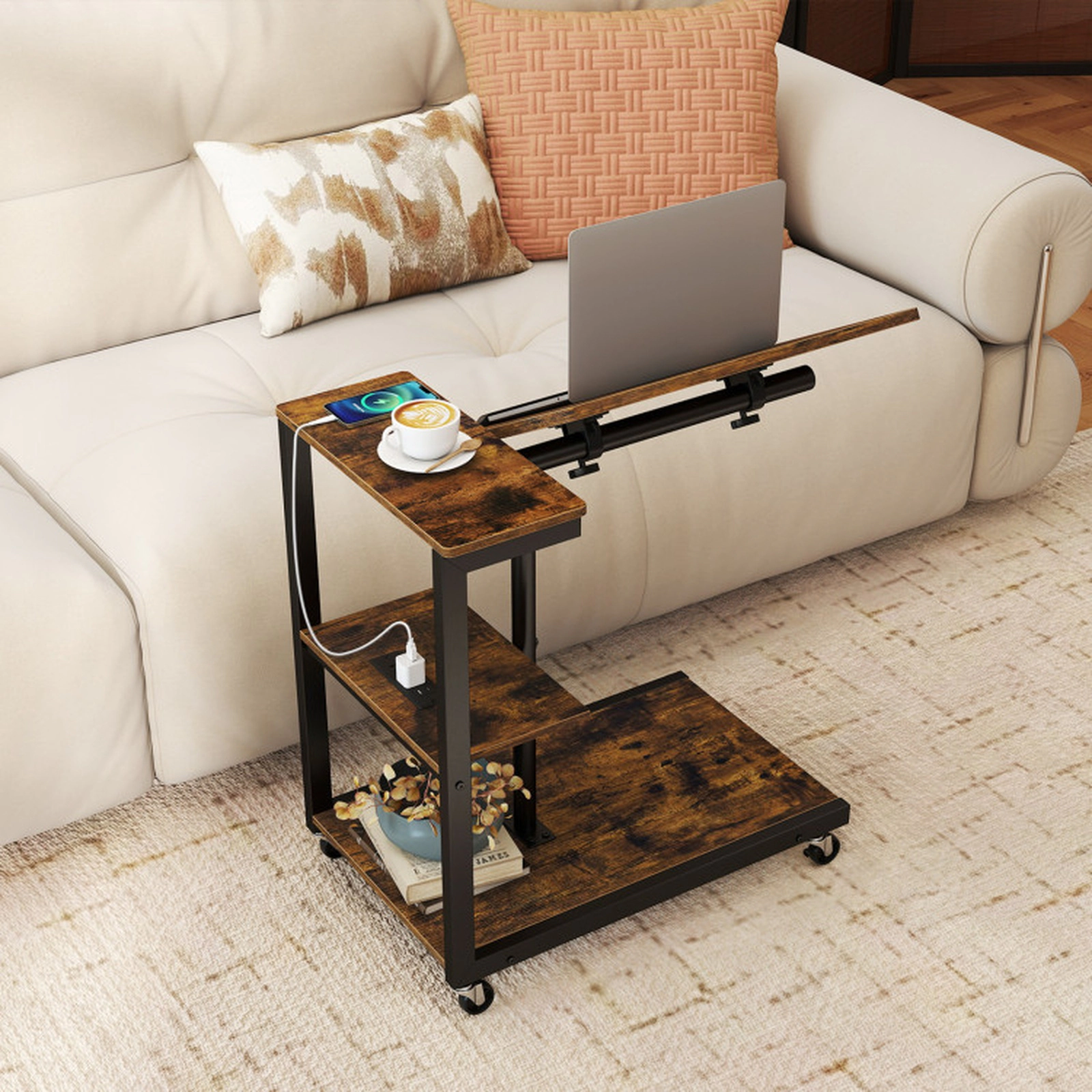 SUGIFT 3-Tier Mobile Couch Side Table with Tiltable Tabletop 44-lb Tabletop Capacity 26-32.5 in Height Rustic Brown