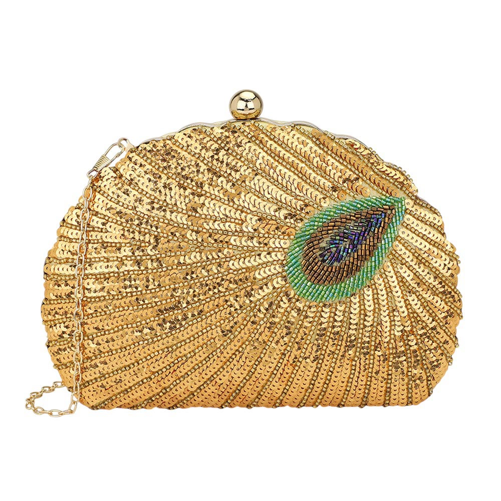 Fashnzfab Beaded Sequin Peacock Clutch Evening Bag Crossbody Bag