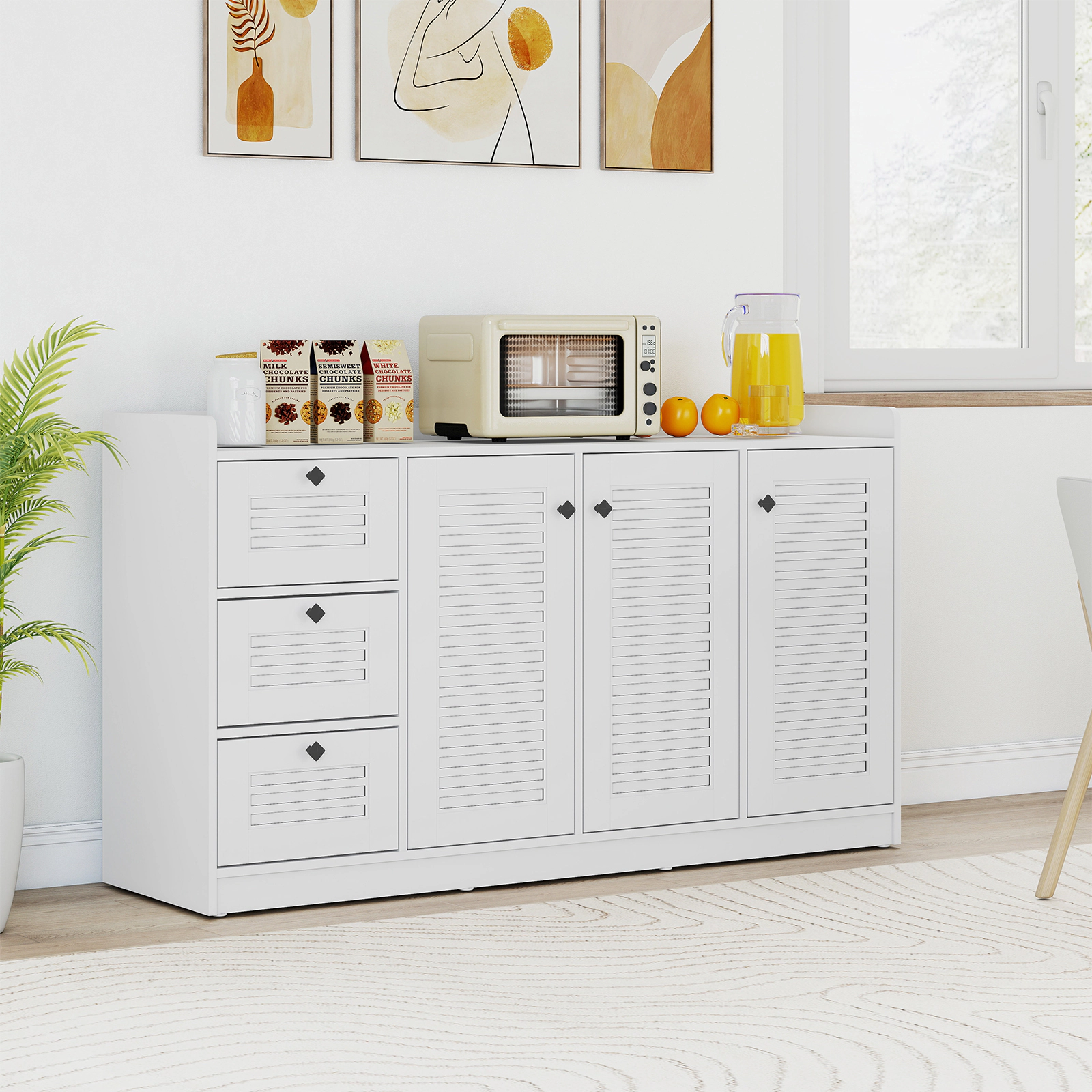 SUGIFT 63-in 165-lb Countertop White Buffet Cabinet Sideboard with 3 Shutter Doors and 3 Drawers