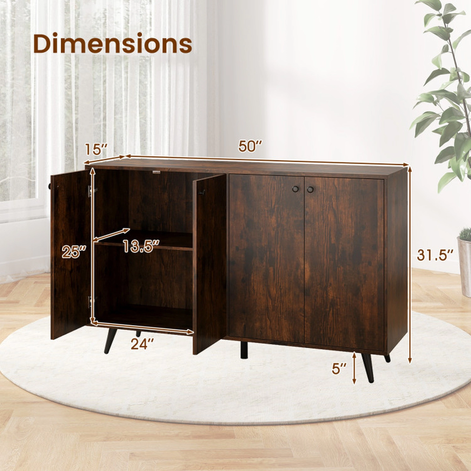 SUGIFT 4-Door Adjustable Shelves Mid Century Buffet Sideboard 50-in x 15-in x 31.5-in 90-lb Capacity Rustic Brown
