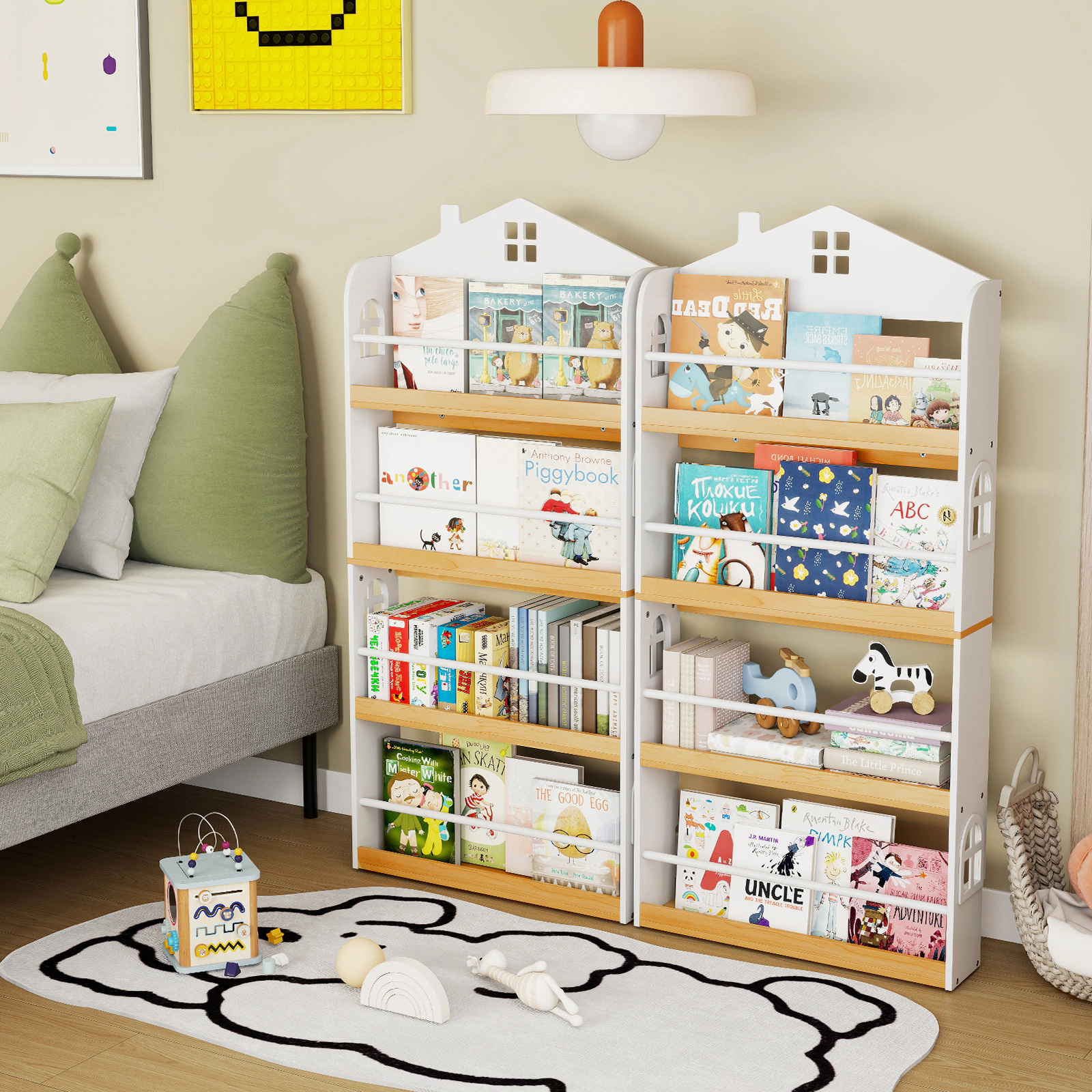 SUGIFT Kids 4-Tier House Shaped Anti-Fall Baffles Metal Bars Slim Bookshelf 24-in x 6-in x 51-in Ages 3+ White